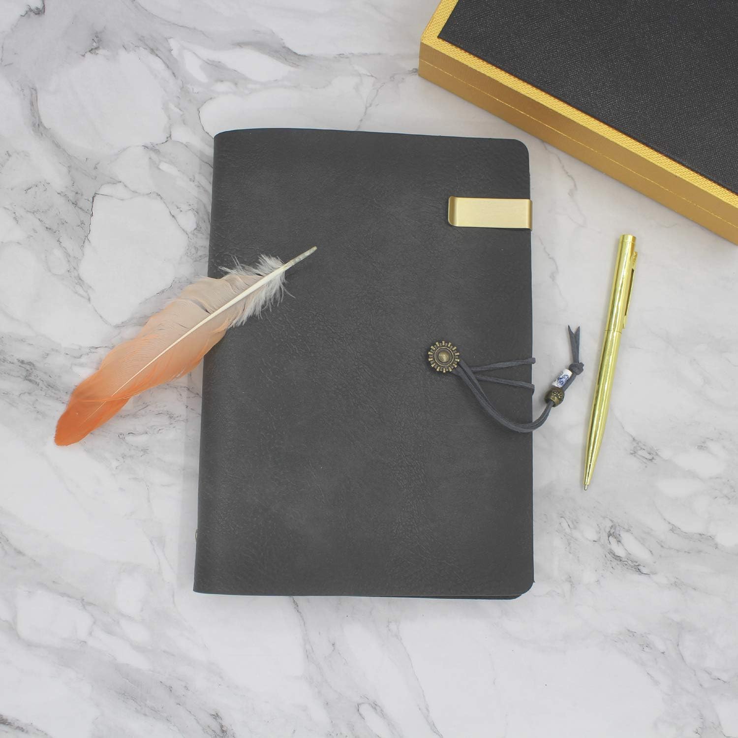 WONDERPOOL Leather Journal A5 Refillable 6 Ring Binder Notebook with Lined Paper and Pen,Writing Diary for Work Travel and Agenda Plan (A5, Grey)