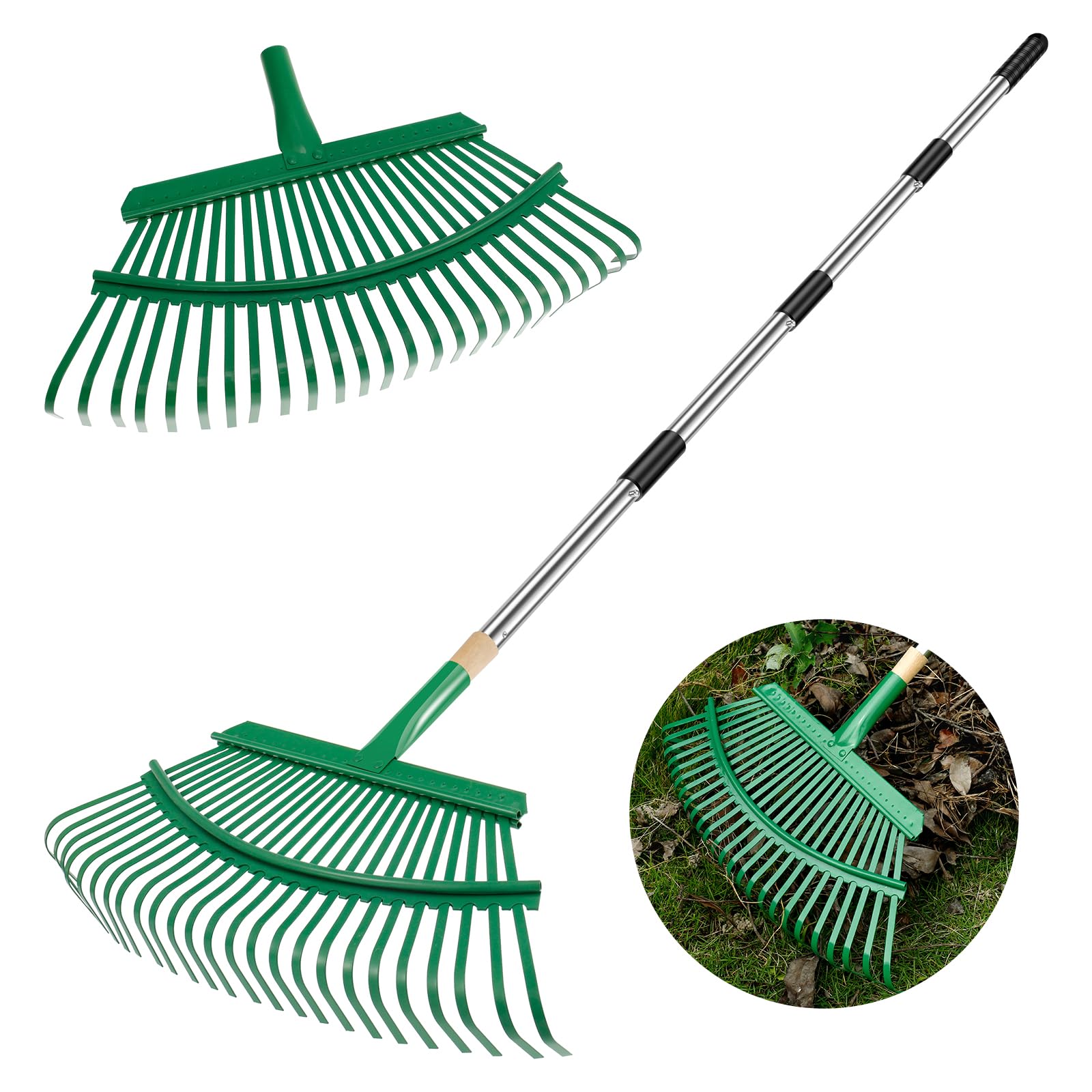 Rastrello da giardino regolabile in metallo, extra largo con manico lungo per la pulizia di prati e giardini, strumento ideale per la manutenzione di piante, terrazze e cortili, durevole ed efficiente