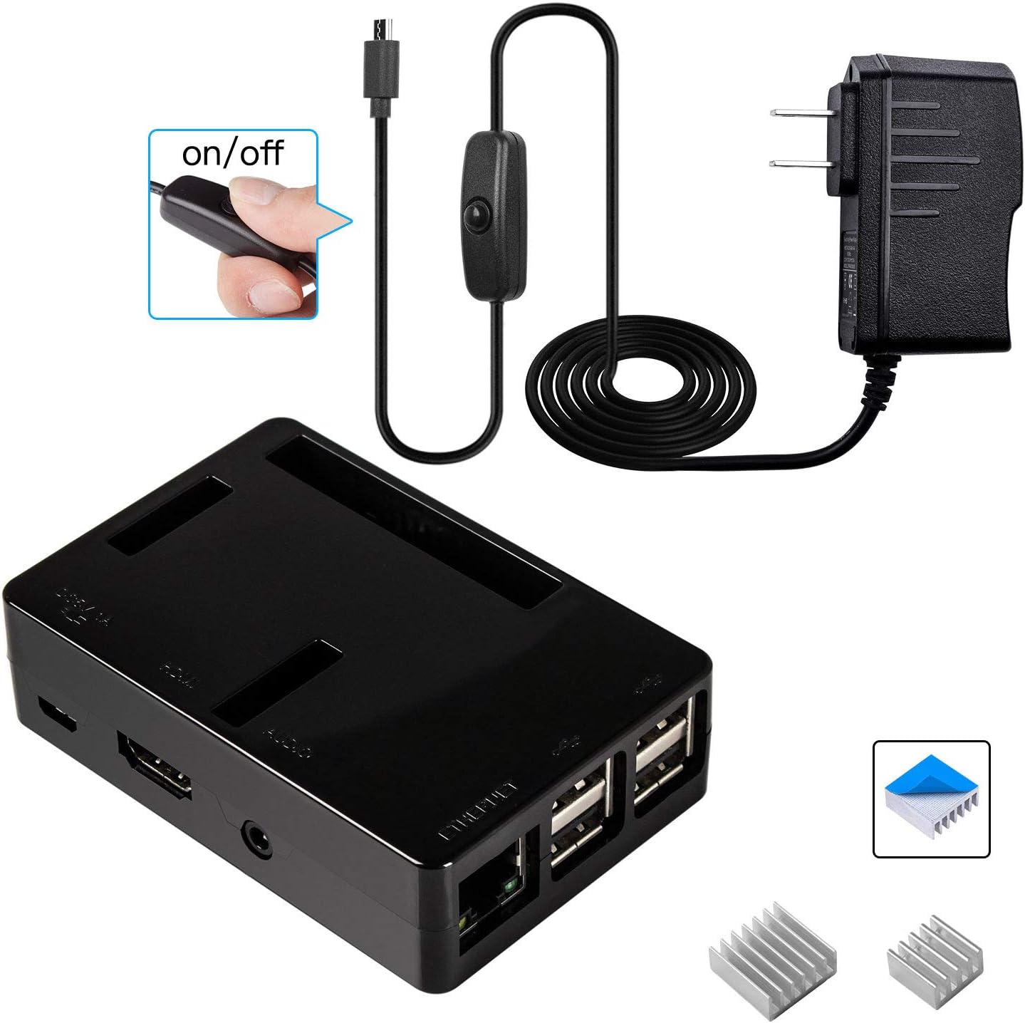 Smraza Case for Raspberry Pi 3 B+, 3 Model B Black Case, 2.5A Power Supply with On/Off Switch,3 Heatsinks