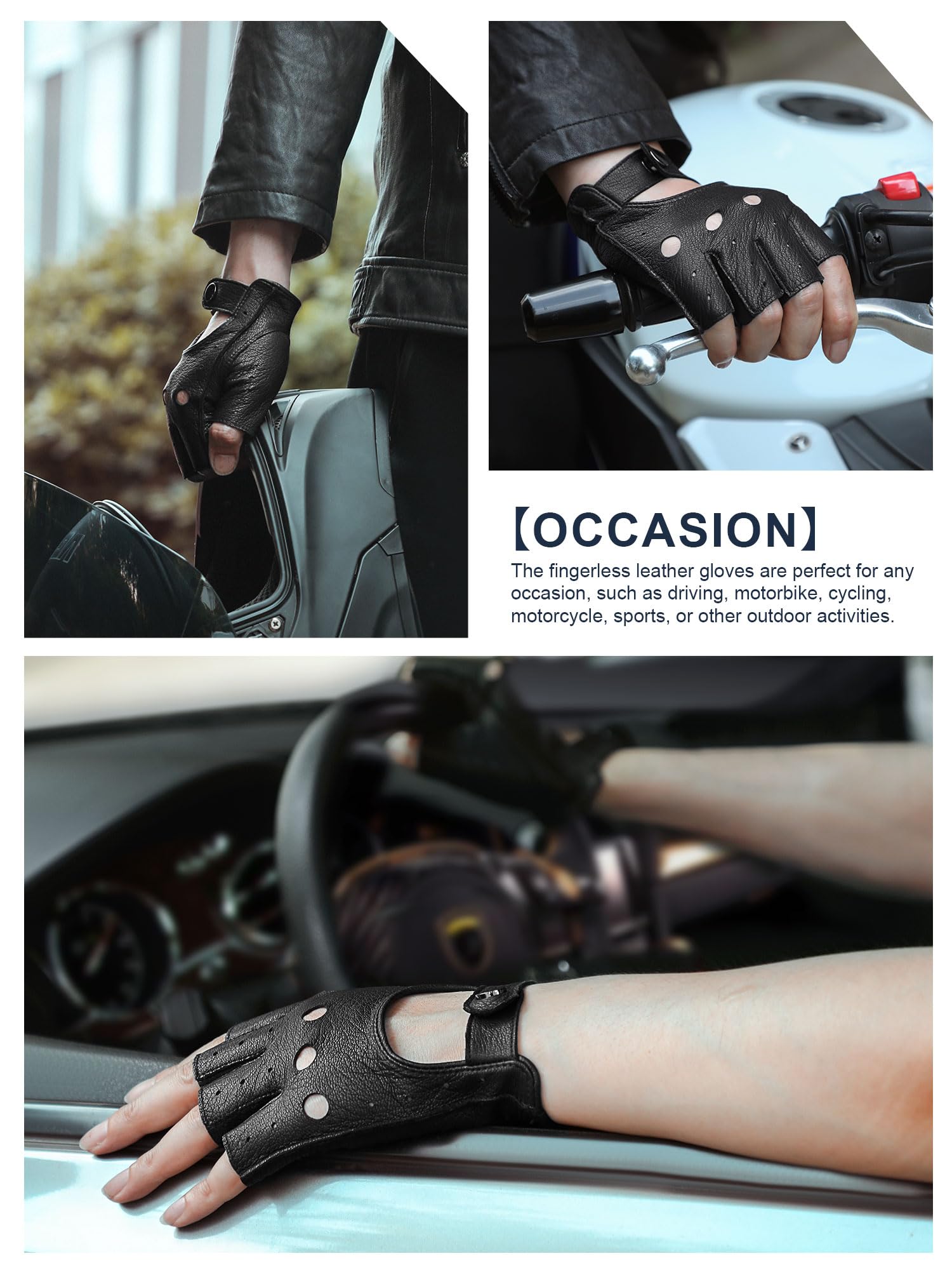 GSG SINCE 1998 Guanti Pelle Uomo Mezze Dita – Guanti da Guida Fingerless, Senza Fodera in Pelle Nero M