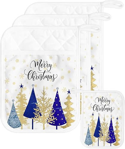 Juego de 3 agarraderas de tela de toalla para árbol de Navidad azul para cocina, antideslizante y aislamiento térmico, juego de agarraderas de tela
