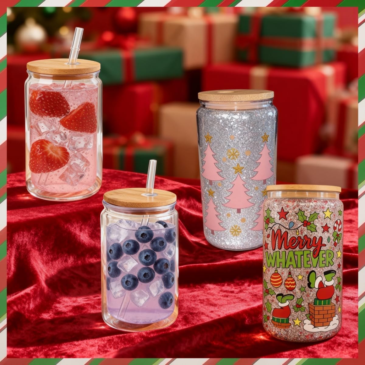 SIECCY 4 Pack Snow Globe Glass Tumbler DIY Kit, 16oz Double Wall Glass Can Supplies with UV DTF Cup Wraps, 5 Colors Glitter, Squeeze Bottle, Scraper, UV Resin Light & Funnel for Holiday Craft Gifts