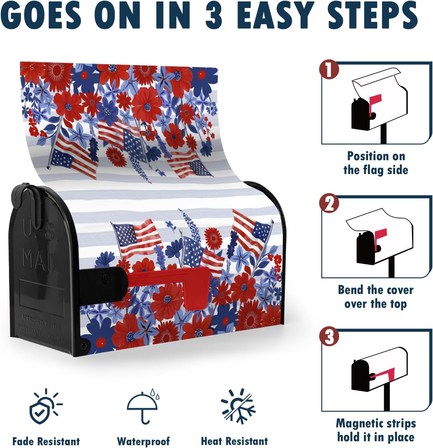 Patriotic Red Blue Floral Mailbox Covers Magnetic Standard Size 21 x 18 Inch 4th of July American Flag Mailbox Wraps Post Letter Box Cover for Garden Yard Outdoor Decorations