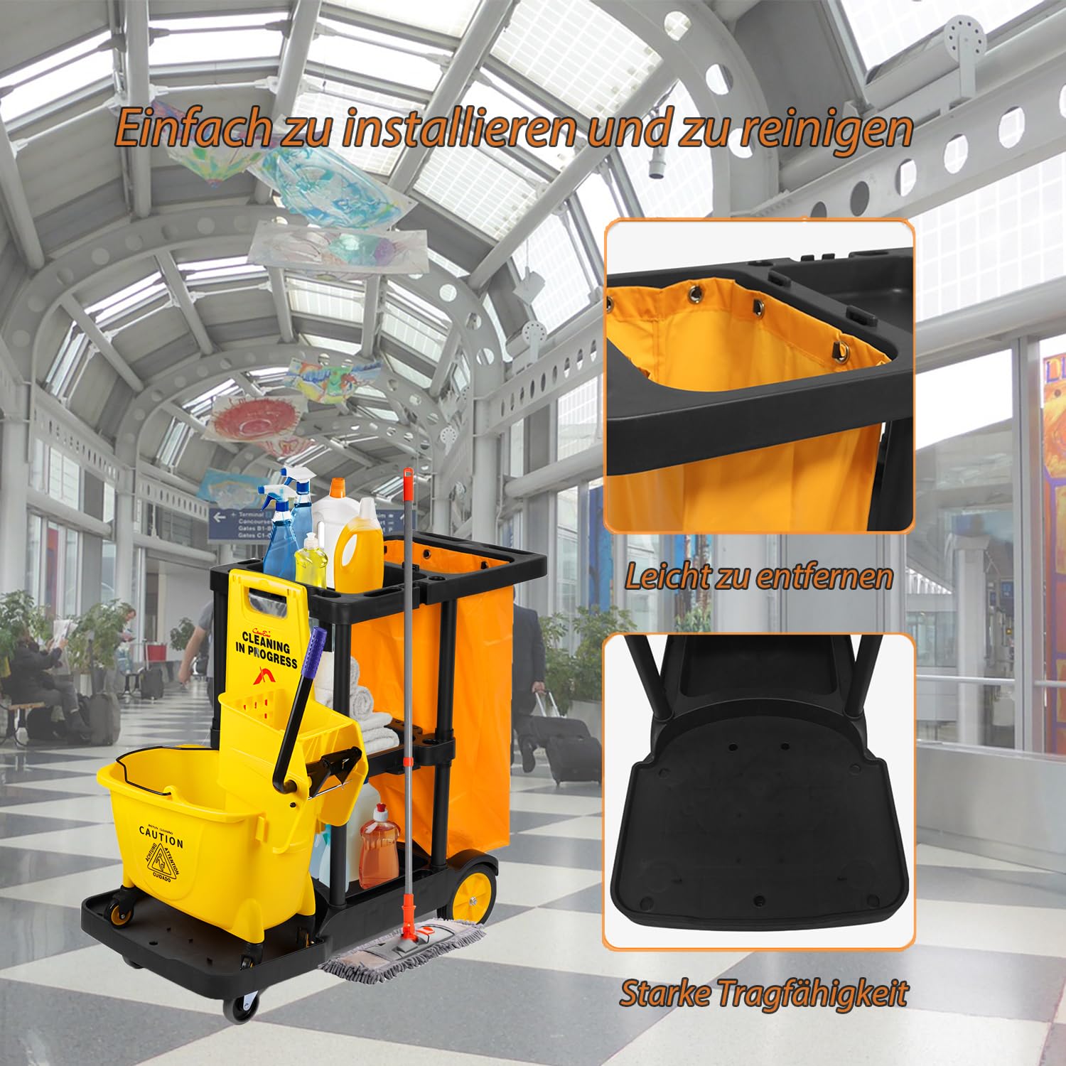 Chariot de nettoyage professionnel avec 3 compartiments - Chariot de nettoyage professionnel avec sac poubelle - 113 x 56 x 93 cm - Chariot de nettoyage avec 4 roulettes - Grande capacité - Sac