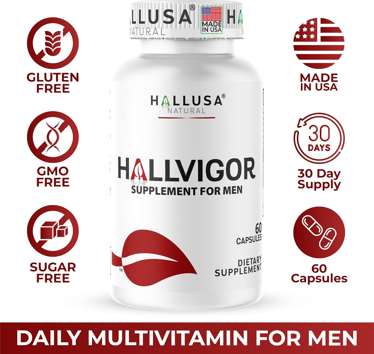 "N/A" HALLVIGOR Men’s Daily Multivitamin – Korean Ginseng, Damiana, Saw Palmetto, Biotin, B Complex, Zinc, Royal Jelly – 60 Capsules – Hallusa Natural