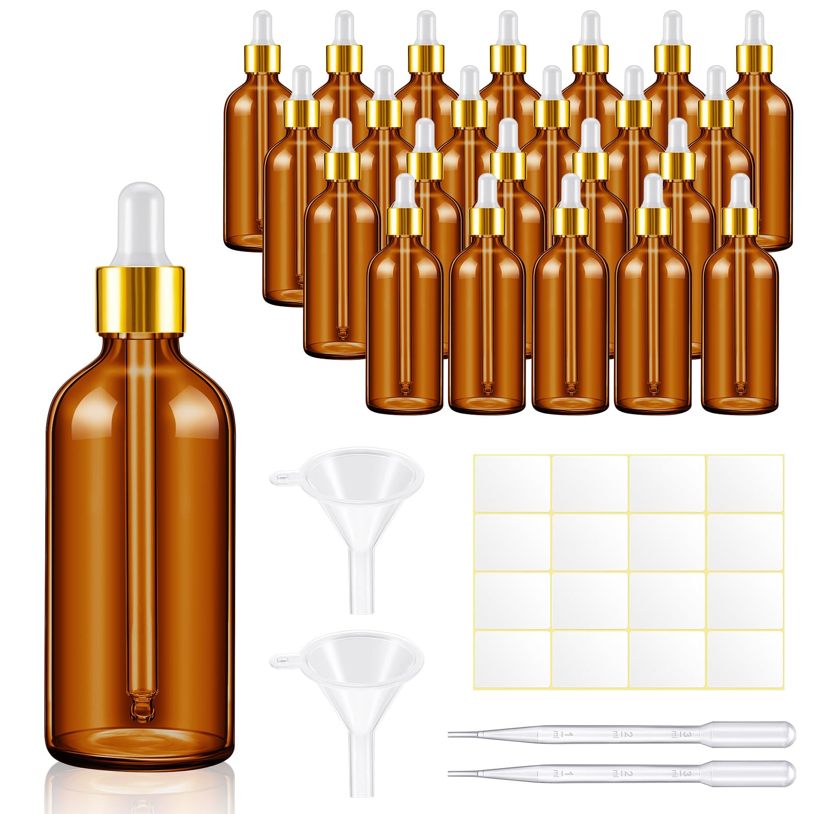 Paquete de 20 botellas cuentagotas de vidrio de 3.4 onzas con tapa superior, botellas vacías de tintura con cuentagotas, 4 pipetas de plástico para ojos, 4 embudos, 2 hojas de etiquetas adhesivas para