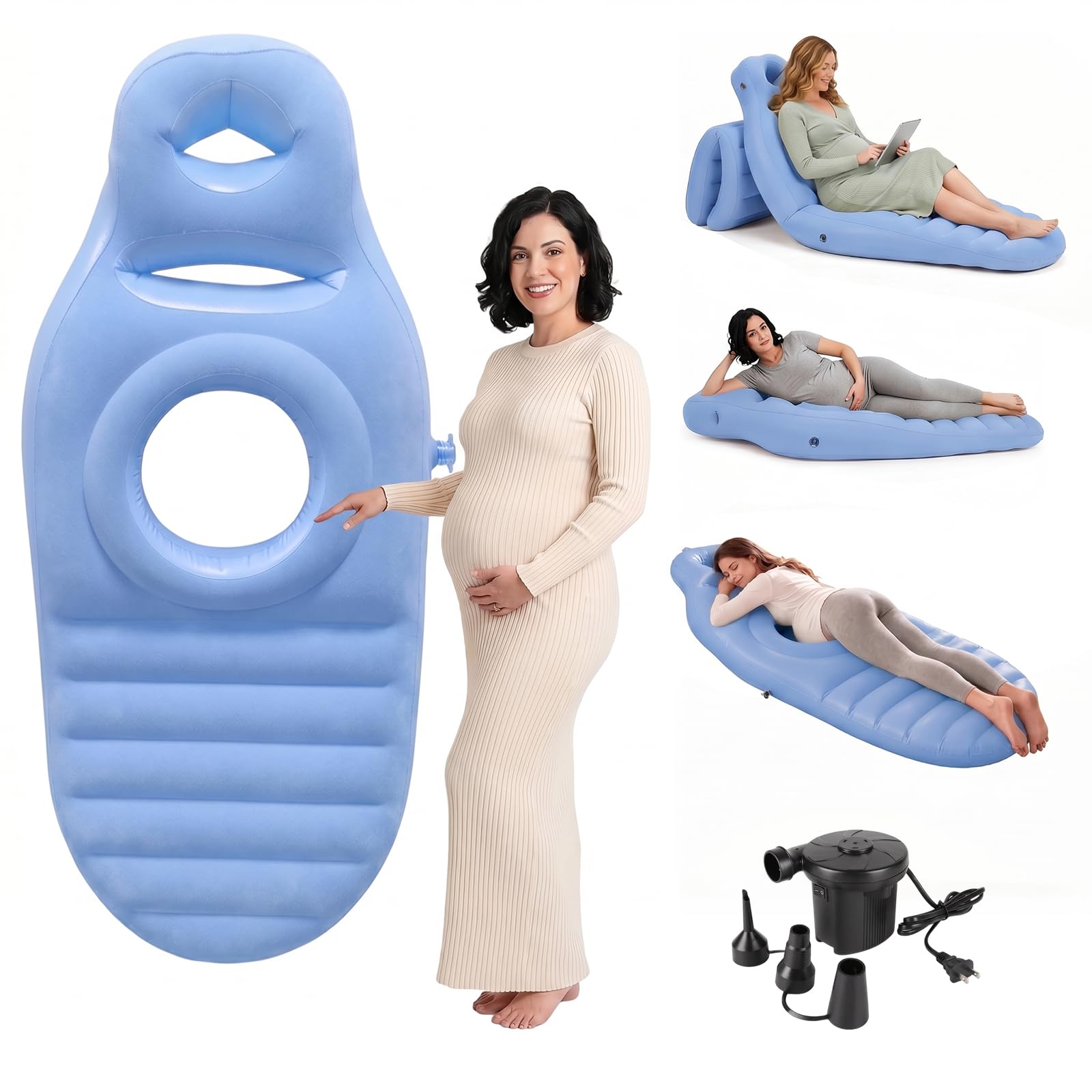 Aufblasbares Schwangerschaftskissen, Yogamatte für Schwangere mit Loch, Beflocktes PVC Schwangerschafts-Kissen mit Elektrische Luftpumpe, Schwangerschafts Kissen für Sich Auf den Bauch Legen (Blau) Küche, Haushalt & Wohnen