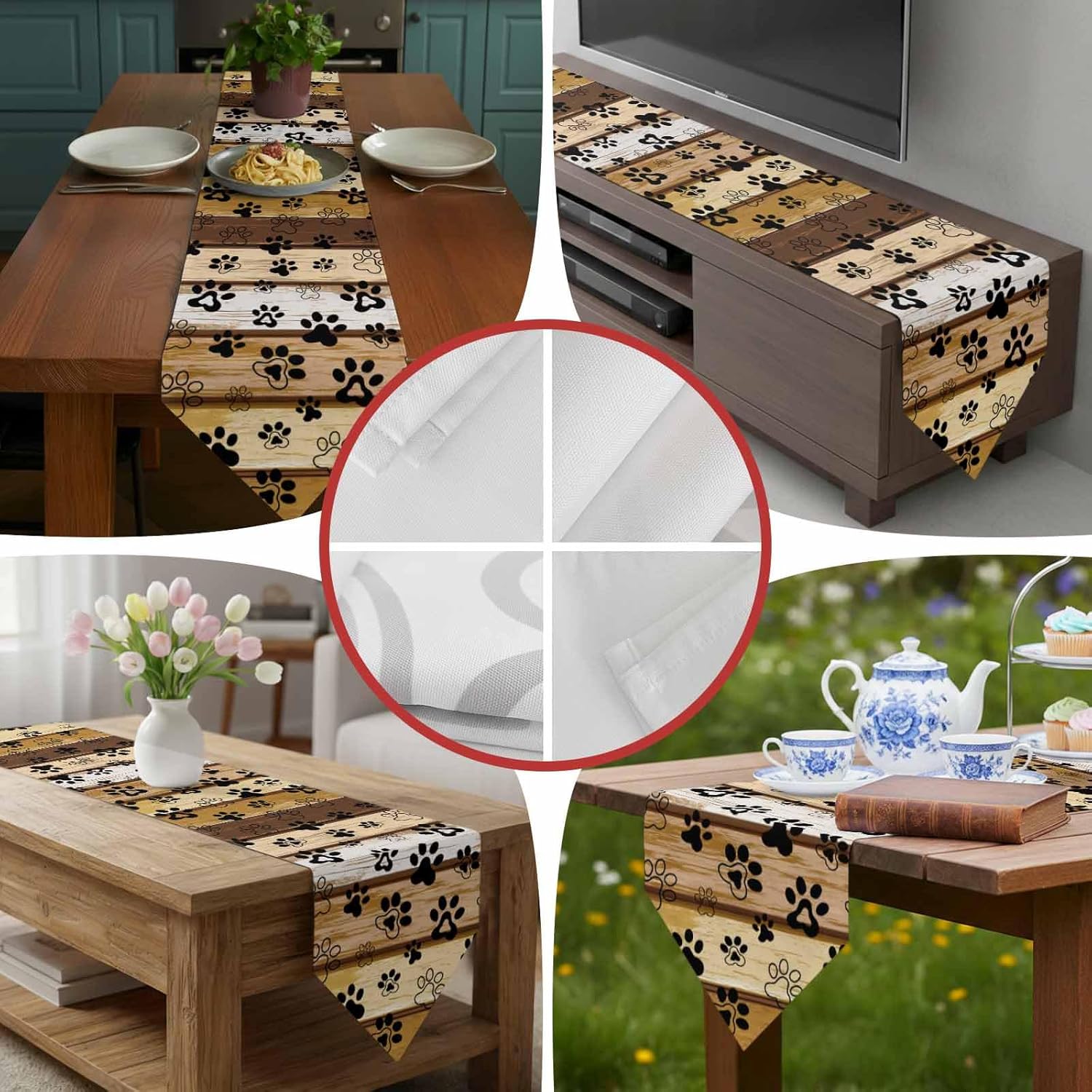 Brown Cat Paw Print Table Runner Linen Burlap Table Runner 72 Inches Long Vintage Farmhouse Country Wooden Grain Dresser Scarves for Kitchen Island Coffee Dining Room Party Holiday Decor 18"x72"