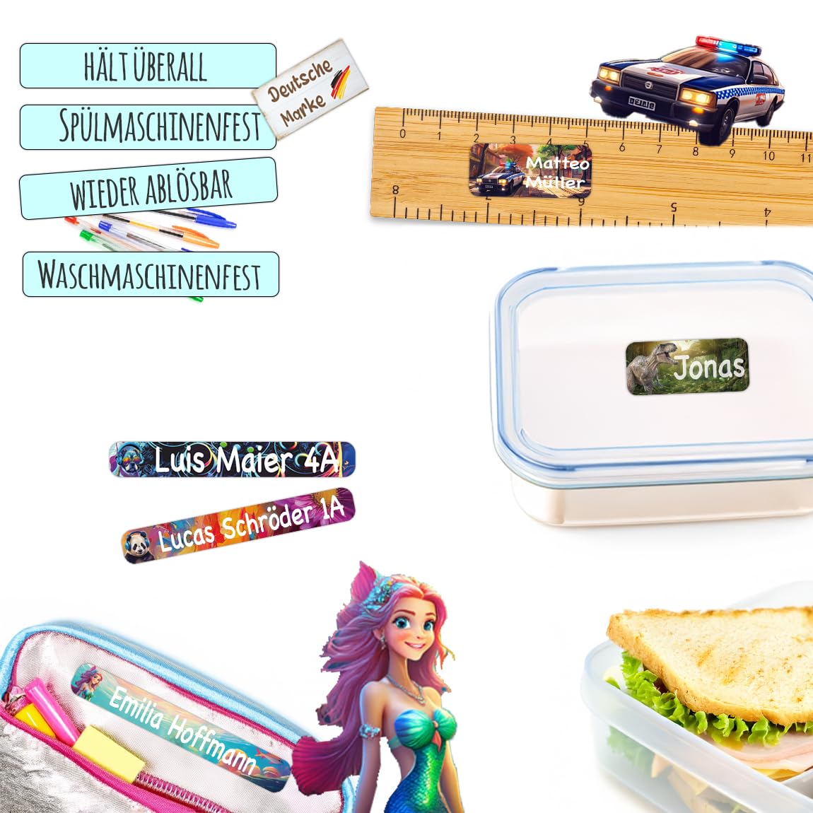 Tjapalo Namensaufkleber Für Stifte - 70 Bunte Motive Spülmaschinenfest Für Schule & Kita