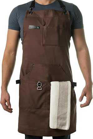 Asaya Chef and BBQ Apron with Bottle Opener and Hand Towel - 10oz Cotton Canvas, Stainless Steel Hardware, Cross Back Straps