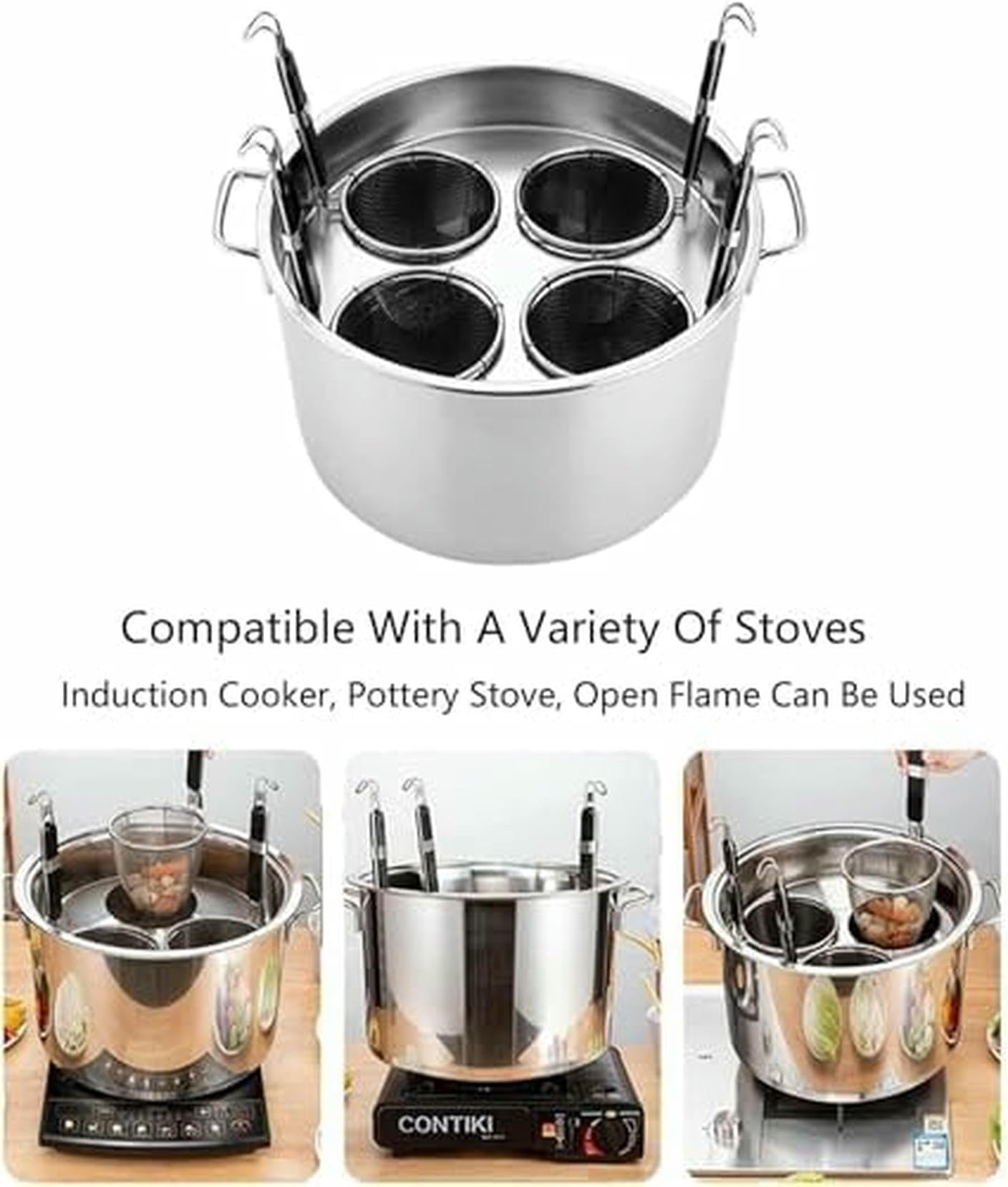 Pentola per la Pasta in Acciaio Inox con cestello scolapasta - pentola a Quattro Fori, Adatta per Pasta, polpette e Verdure - utensile da Cucina Ideale per i cuochi casalinghi.