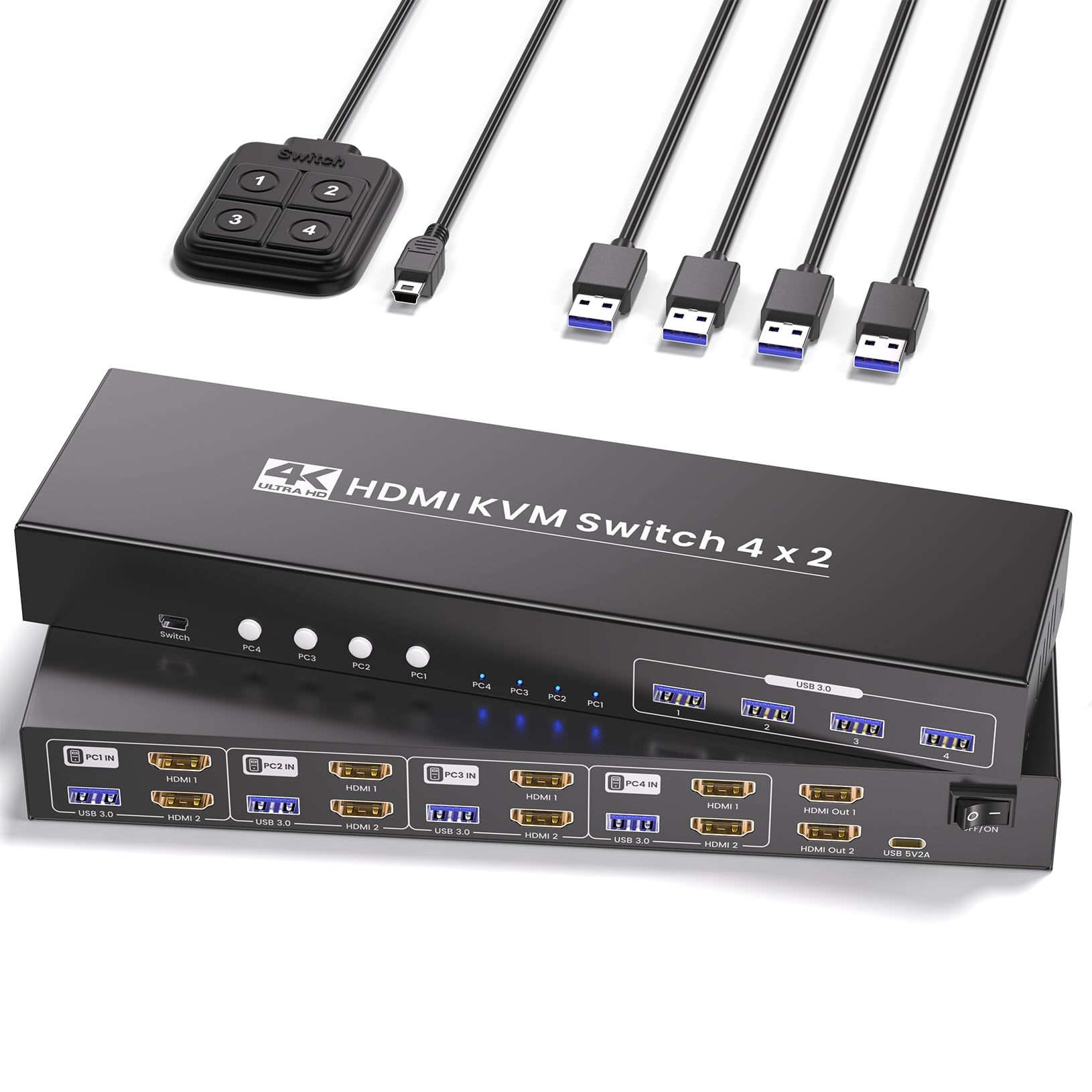 USB 3.0 Dual Monitor HDMI KVM Switch, 4K60Hz 4 Port HDMI KVM Switch for 4 Computers Share 1 Set of Keyboard, Mouse and 2 Monitors, 4 USB 3.0 Ports