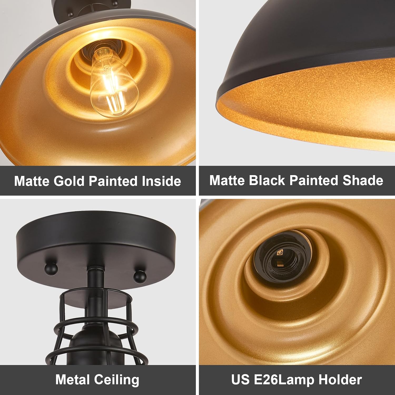12 Inch Farmhouse Semi Flush Mount Ceiling Light Industrial Close to Ceiling Lighting Fixtures, Rustic Vintage Metal Dome Black Ceiling Lamp for Kitchen Island Bedroom Hallway 2 Pack