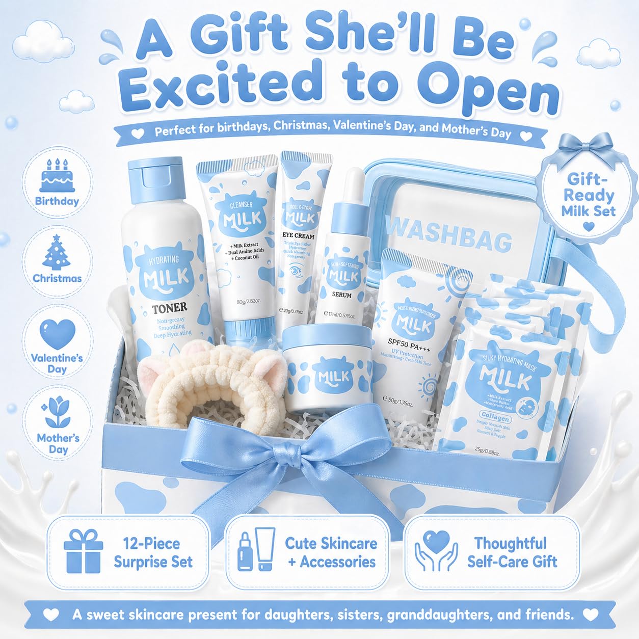 Milk Skincare Set for Kids and Teens, 12-Piece Face Care Gift Set