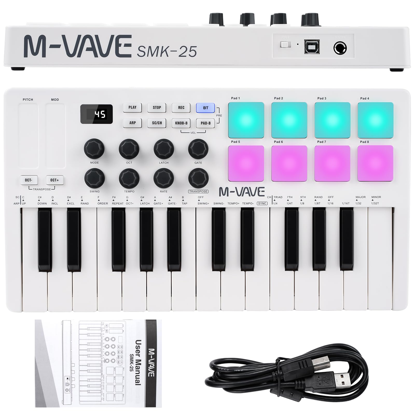 M-VAVE Controlador Midi, Musik-Arrangement Keyboard Mini 25 Teclas MIDI Electrónico Controller Pad Batería Incorporada SMK-25 Blanco
