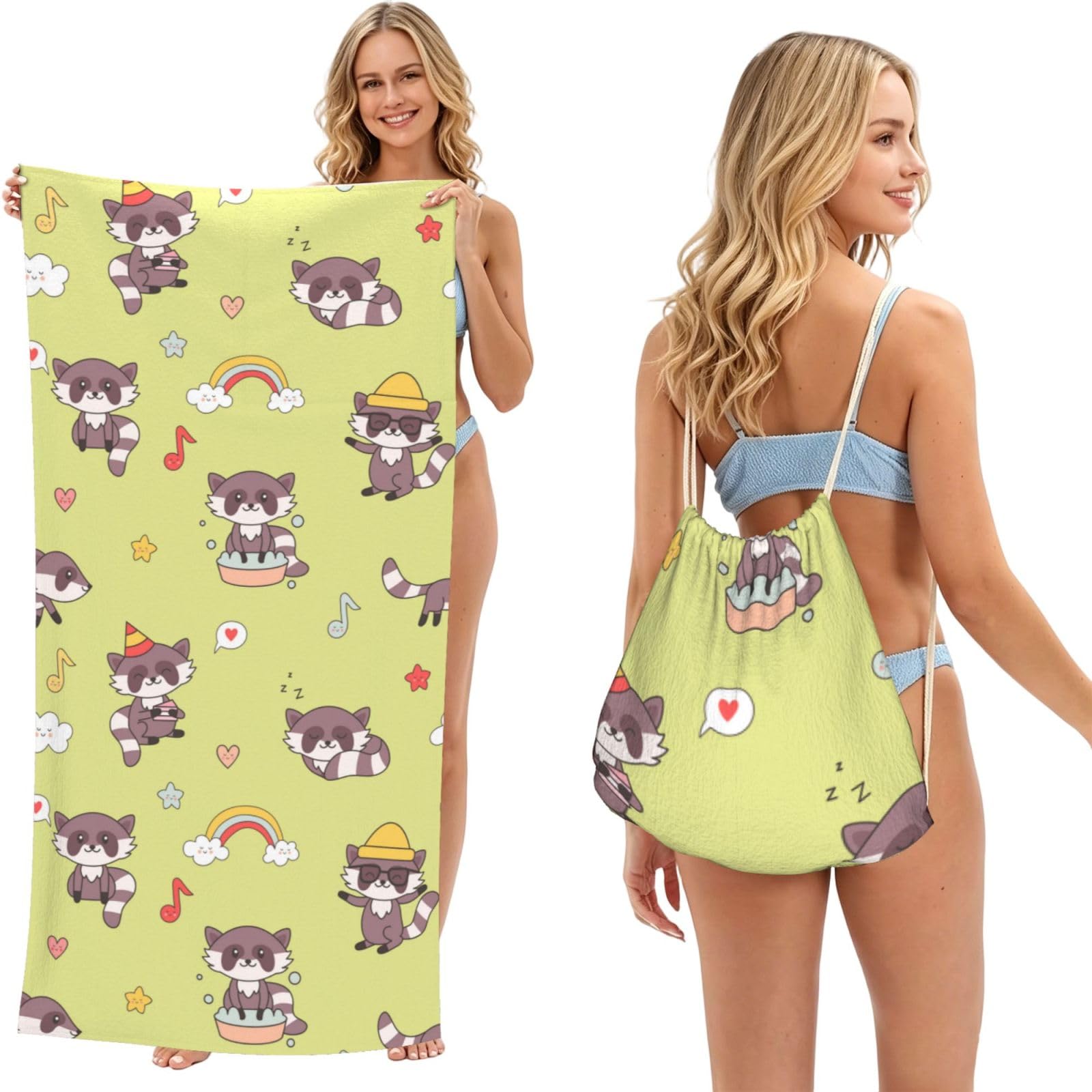 Poadnly As Picture Kawaii Raccoon Cute, 2 In 1 Packable Towel Bag, Beach Towels With Drawstring Backpack For Travel Holiday Camping