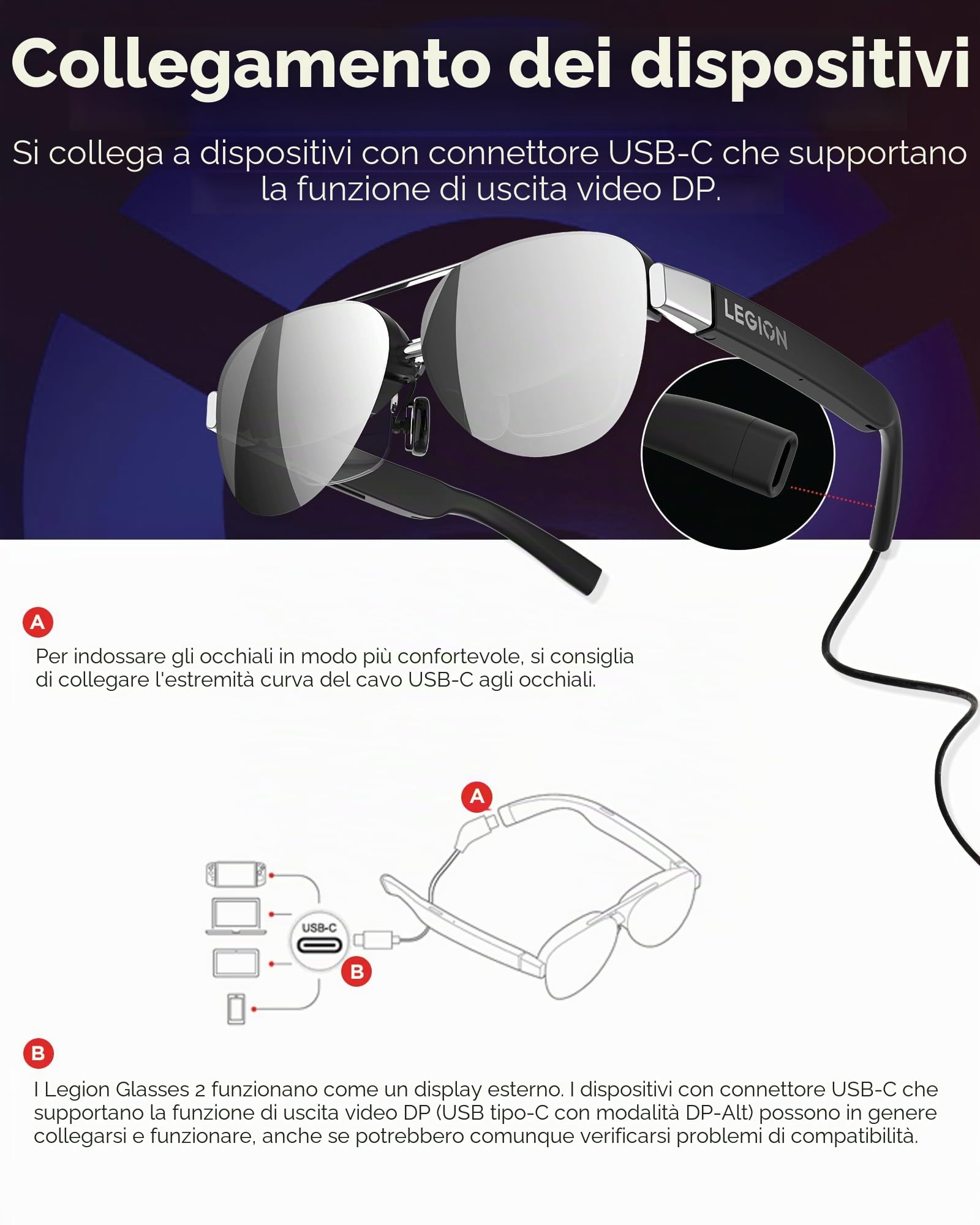 Lenovo Legion Glasses Gen 2 - Monitor indossabile Personale Micro-OLED per Giochi e Film, Display Plug-And-Play FHD 60Hz Legion Go e dispositivi USB-C, Audio ad Alta fedeltà e Privacy