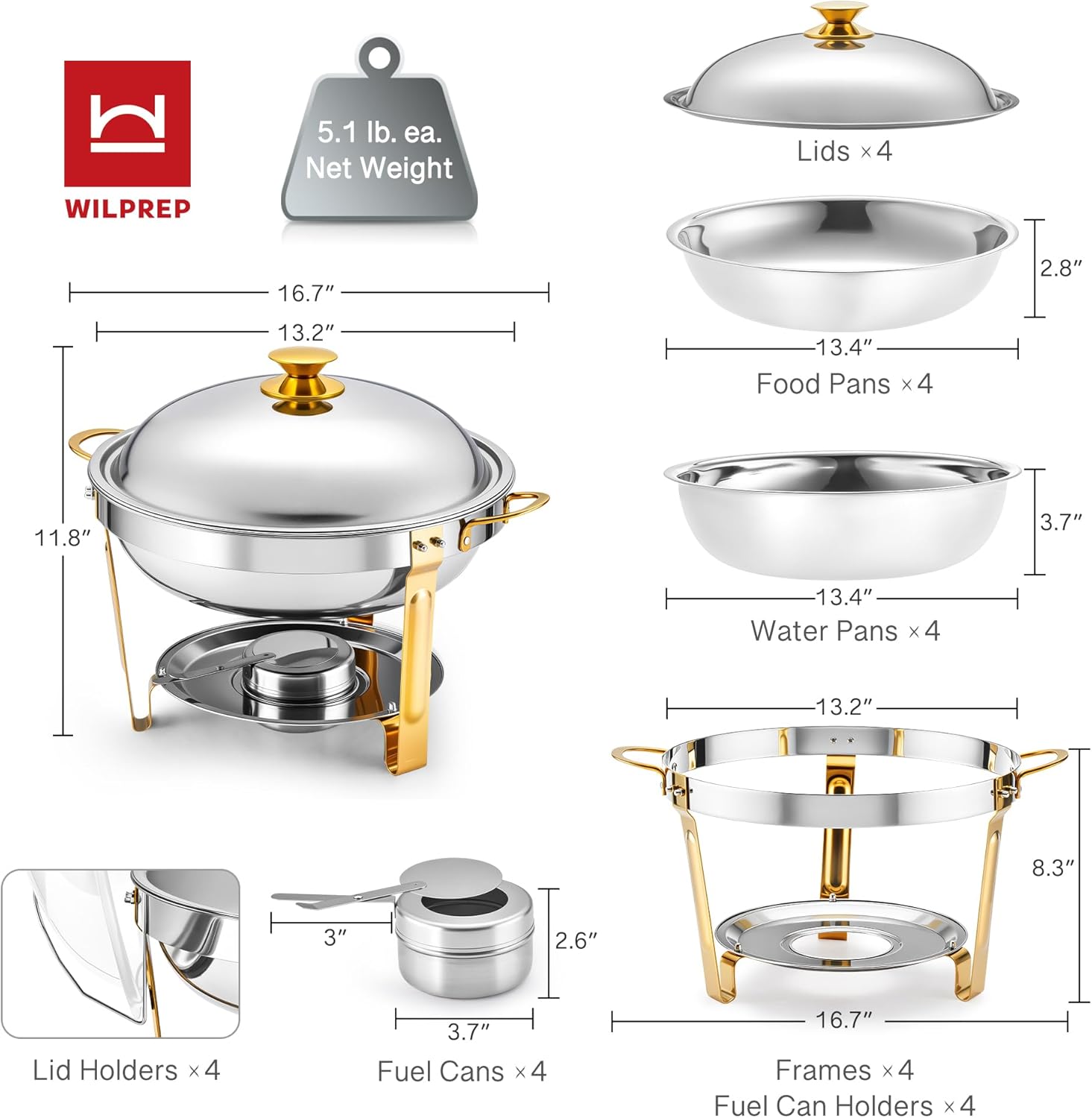 WILPREP Chafing Dishes for Buffet, 4 Pack 5 qt Round Chafing Dish Set with Foldable Frames & Lid Holders, Food Grade Stainless Steel Food Warmers for Parties Buffets Banquets Events, Gold & Silver