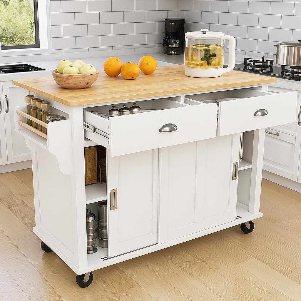 Kitchen Cart with Rubber wood Drop-Leaf Countertop, Concealed sliding barn door adjustable height,Kitchen Island on 4 Wheels with Storage Cabinet and 2 Drawers,L52.2xW30.5xH36.6 inch, White