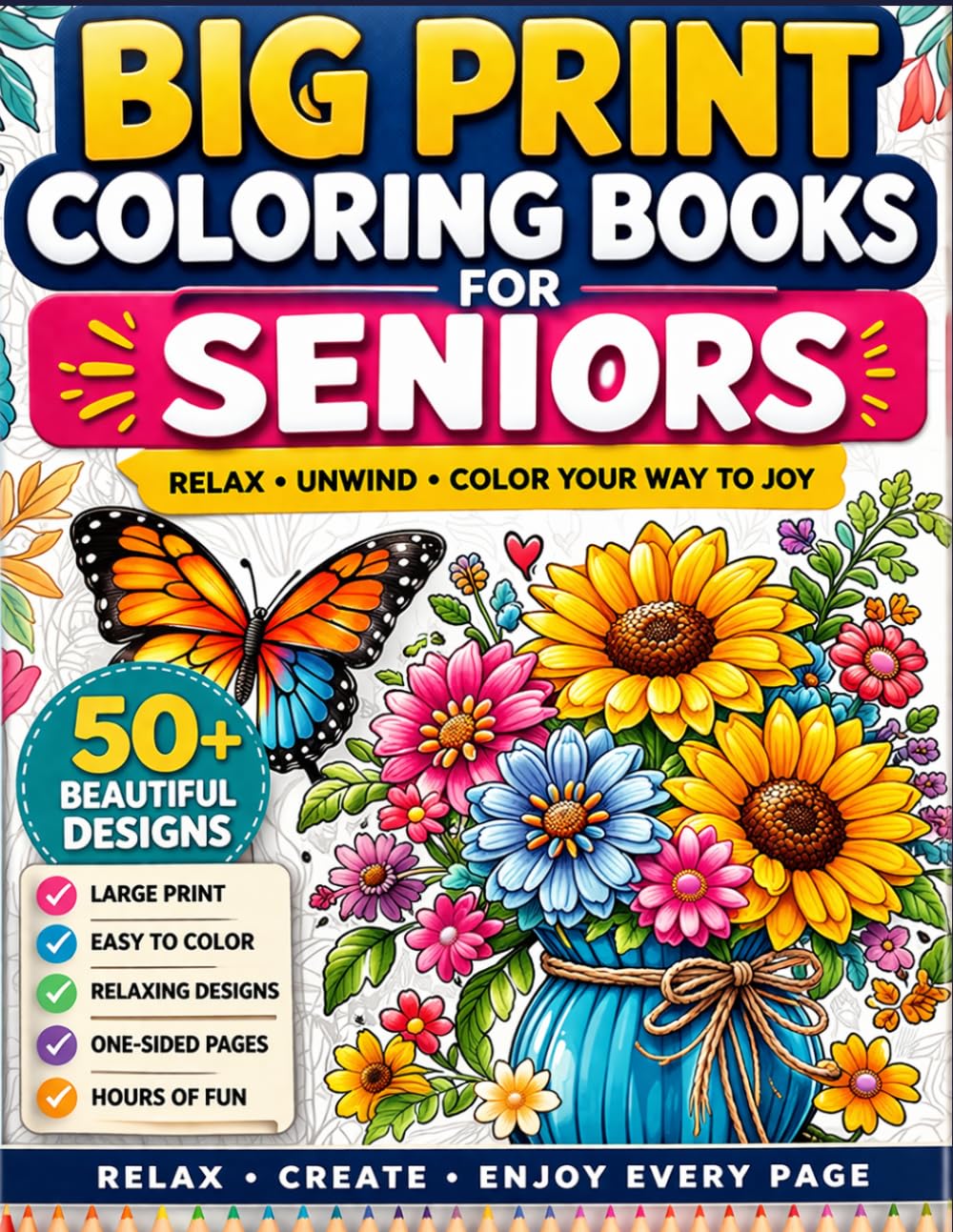 Big Print Coloring Books for Seniors: Easy & Relaxing Large Print Designs for Adults with Low Vision | Simple Bold Patterns for Stress Relief, Mindfulness & Comfort Coloring
