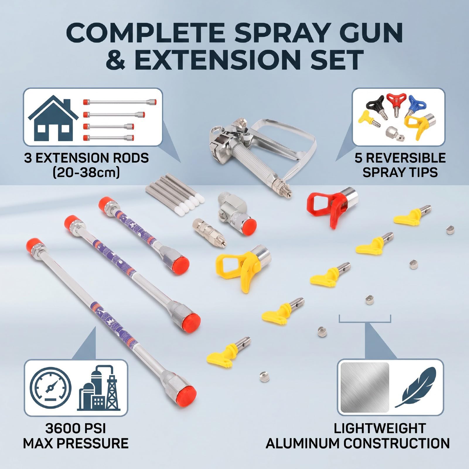 Luocute Kit de Varilla de Extensión para Pistola de Pintura Airless, con 5 Puntas Reversibles, para Uso en Interiores y Exteriores