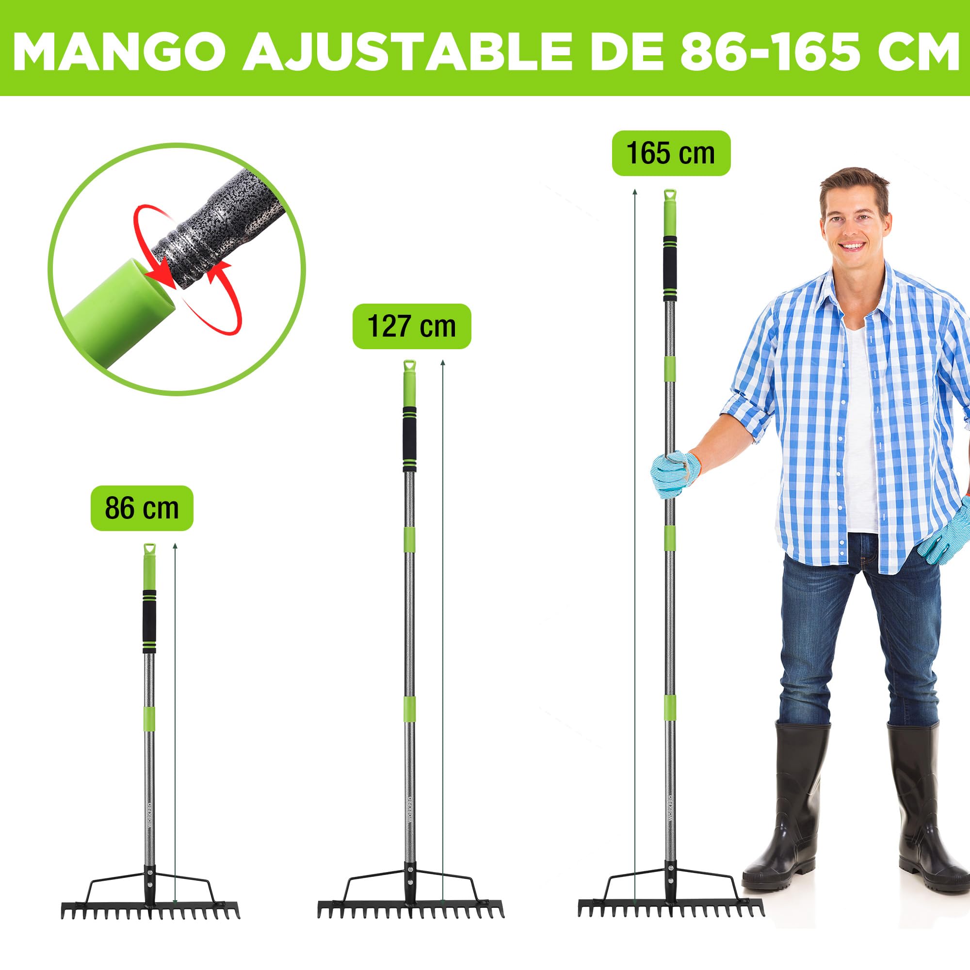 WORKPRO Rastrillo de Jardín Heavy Duty 165 cm, Rastrillo Metálico de 17 Dientes con Mango Ajustable para Aflojar Tierra, Recoger Hojas y Nivelar Césped