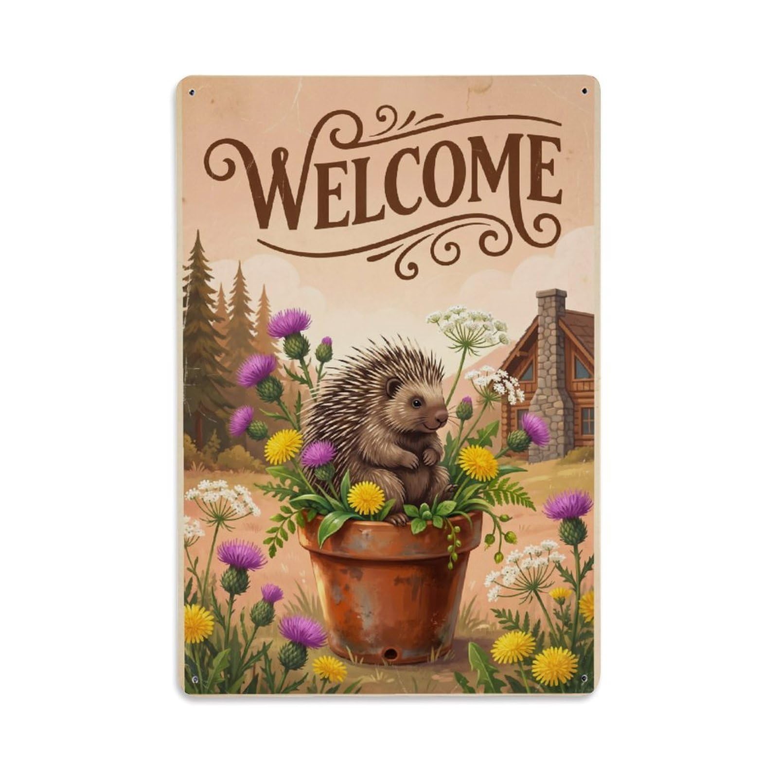 Cxhjca 8X12inch(20X30cm) Vintage Welcome Porcupine Green Thumb Metal Tin Sign