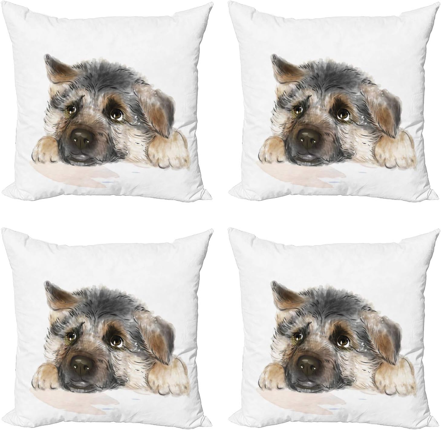 Lunarable German Shepherd Decorative Throw Pillow Case Pack of 4, Puppy with Expression Watercolor Illustration with Brush Marks, Cushion Cover for Couch Living Room Car, 24", Taupe Pale Brown