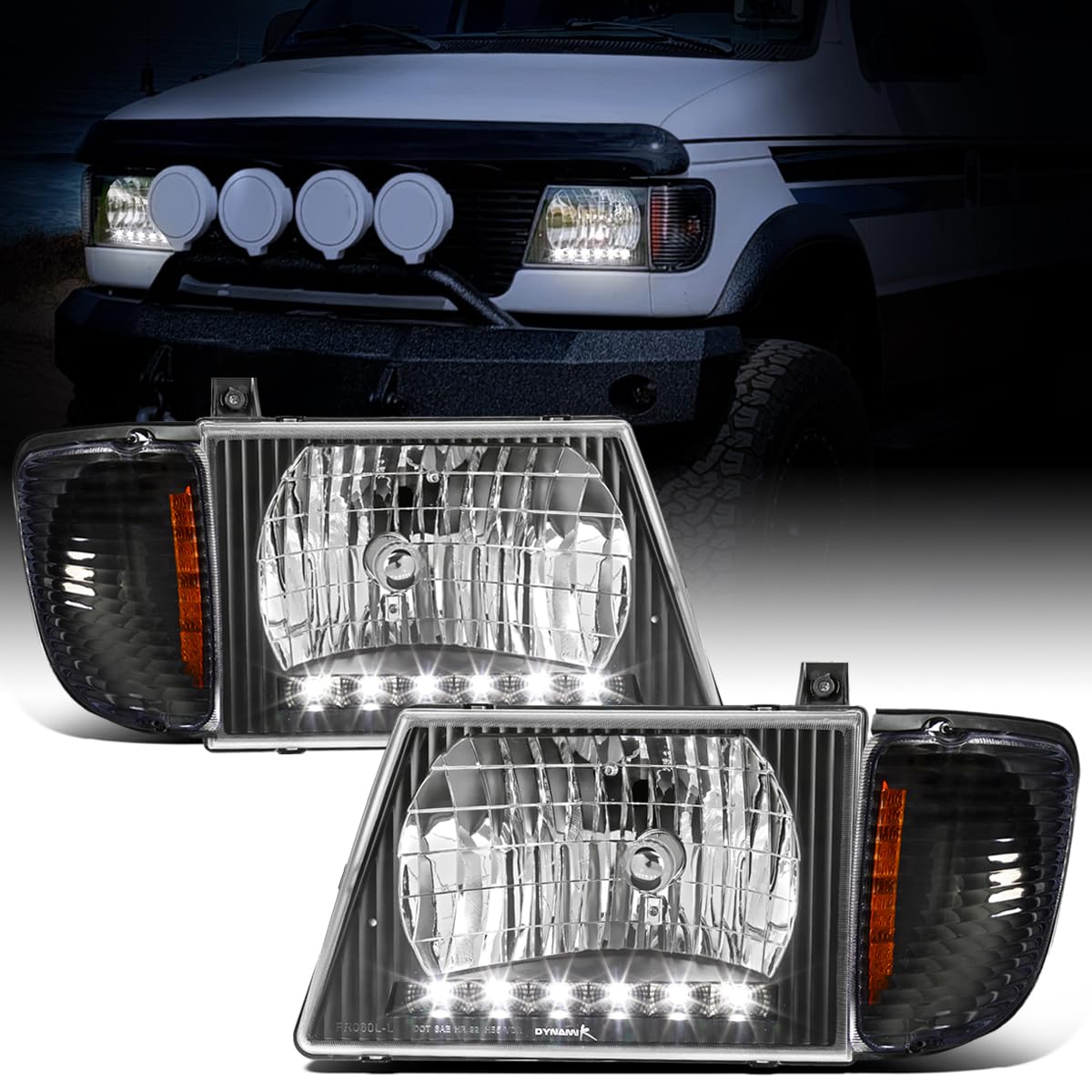 Ronnin - Fits 1992-2006 Ford Econoline E-Series Cargo Van LED Tube Headlights + Corner Parking Signal Lamps Replacement Assembly Pair | Black