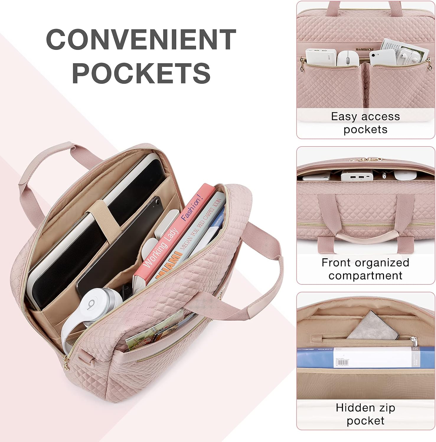 BAGSMART 17.3/15.6 Inch Laptop Bag, Briefcase for Women Computer Messenger Bag Office Travel Business, Pink - Image 4
