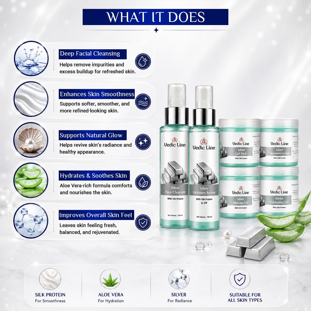 Vedic Line Silver Facial Kit, Reduce Dead Cells, Impurities & Blackhead with Goodness of Silk Proteins ,Aloe Vera for Glowing Skin, 600ml