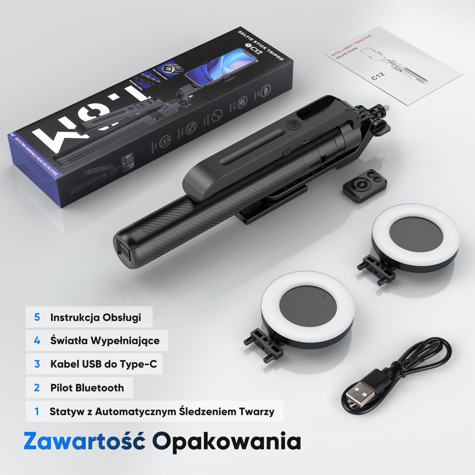Jeebel Statyw z Śledzeniem Twarzy - 180cm Wysuwany Kijek do Selfie z Lampą LED/Sterowaniem Gestami/Zdalnym Sterowaniem/NO App/Obracany 360° - Stabilizator Gimbalowy do Telefonu DSLR Wideo Live Vlog