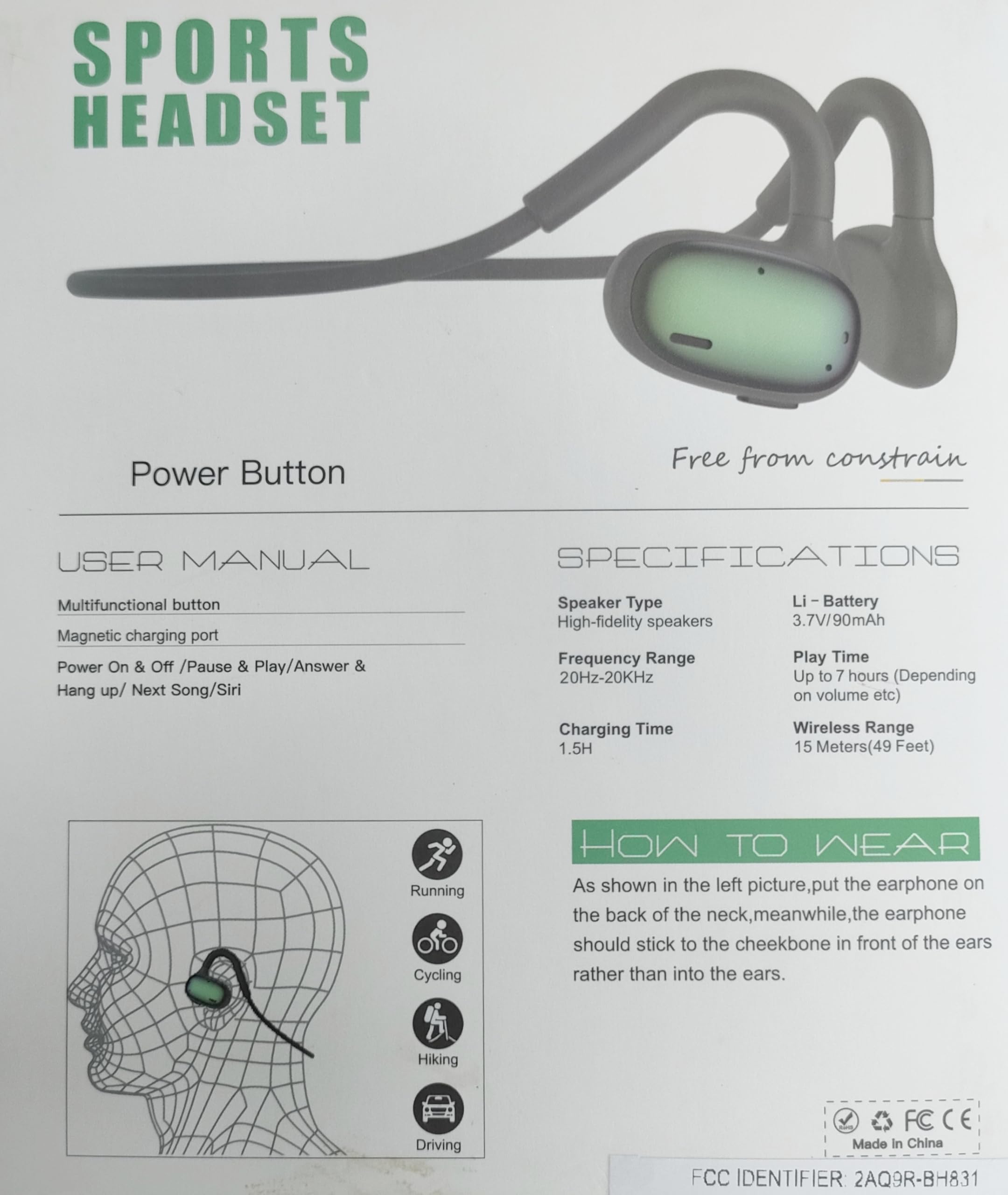 Ulian Cuffie sportive a orecchio aperto, auricolari wireless Bluetooth 5.3 a conduzione d'aria, con bassi profondi, cancellazione del rumore e comfort, auricolari sportivi impermeabili IPX6 per