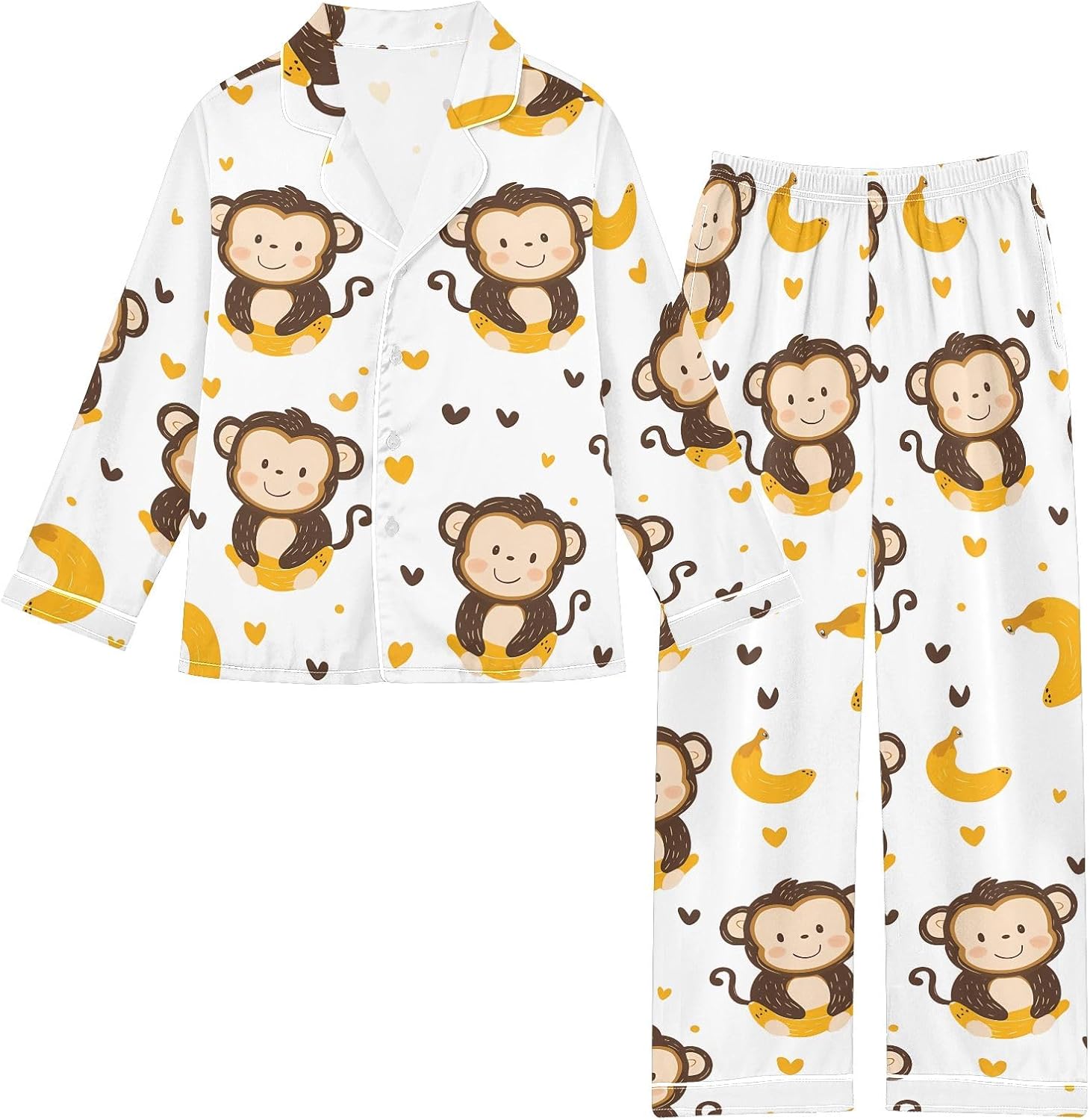 Kids Casual Satin Wear Set Monkey Banana Pattern Unisex Relaxed Fit Clothing