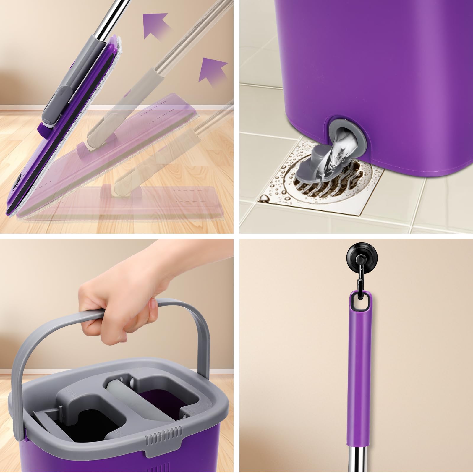 HEVOL Balai Serpillère Essoreur avec Seau, Balai Serpillère Autonettoyante avec 5 Tampons Réutilisables, Balai Plat Microfibre Rotative 360° pour Nettoyer Sol, Violet