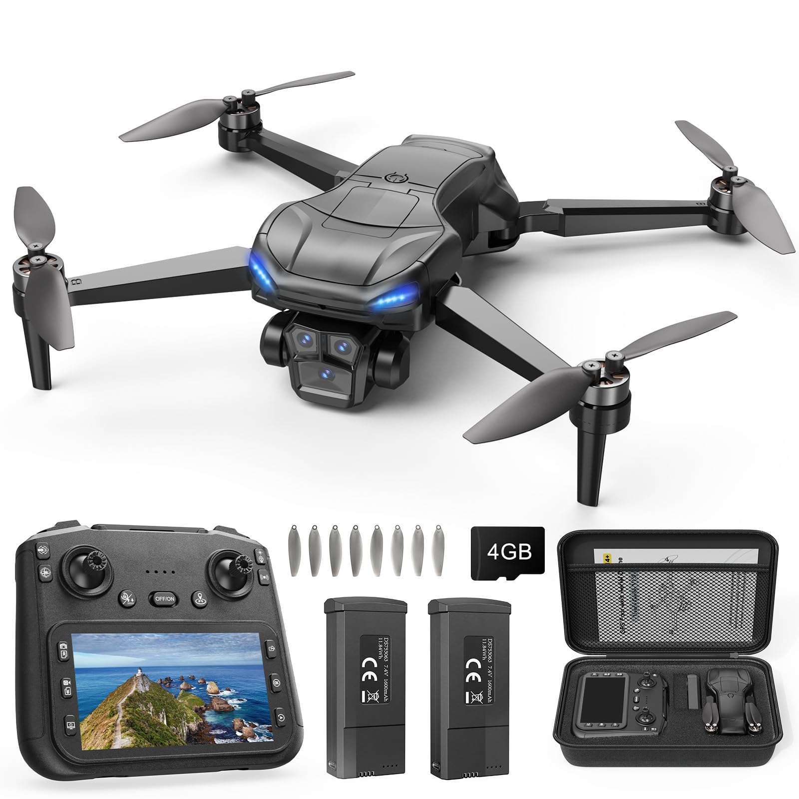 GPS Drone with 4K Camera for Adults, RC Foldable Quadcopter with 4.5” HD Screen Controller, Brushless Motor, GPS Auto Return, 60 Min Flight, 4GB SD Card, Beginner Gift, Under 249g