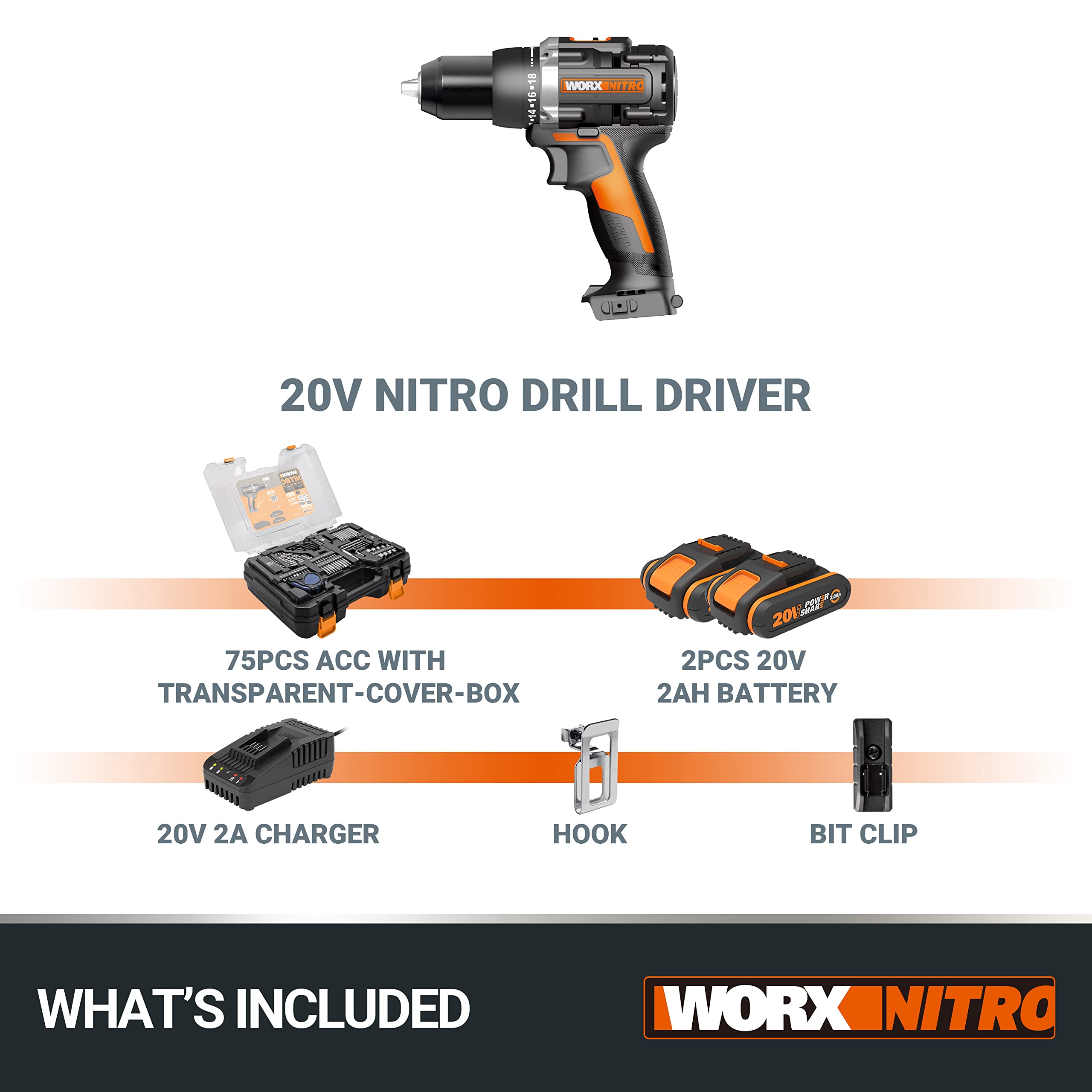 WORX NITRO 18V(20V MAX) Taladro Atornillador Eléctrico sin Cable WX102.1, Herramienta PowerShare, 60 Nm, Control de 2 Velocidades, Embrague de 18+1 posiciones