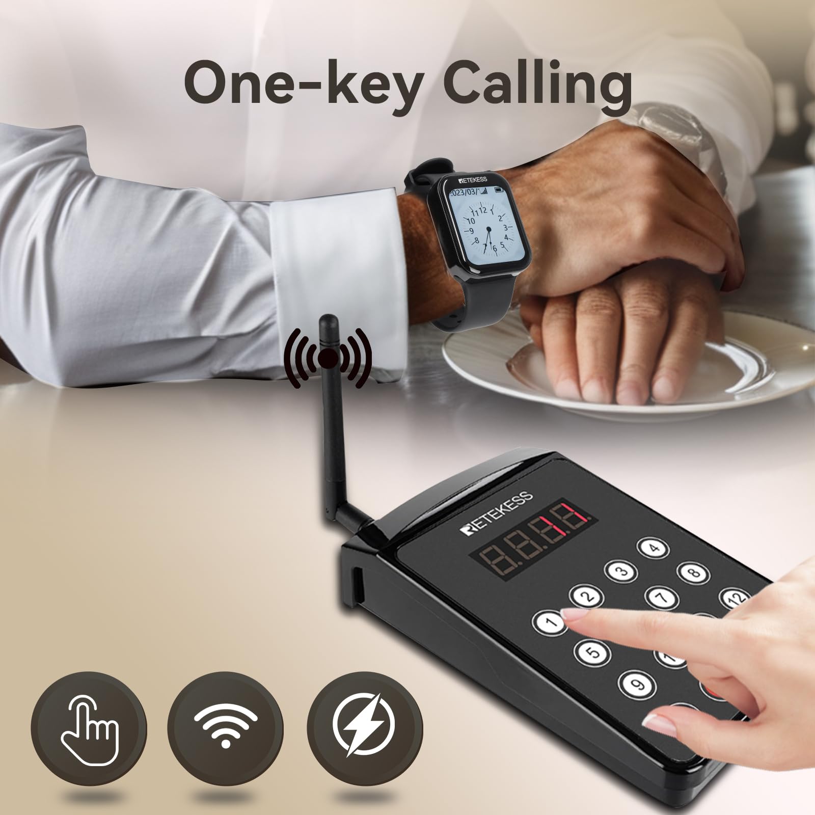 Retekess TD113 Sistema di Chiamata per Camerieri, Cercapersone per Ristoranti, Trasmettitore con Tastiera, Orologio con Ricarica Magnetica e Impermeabile IP67, 80 m, Adatto per Hotel e Chef