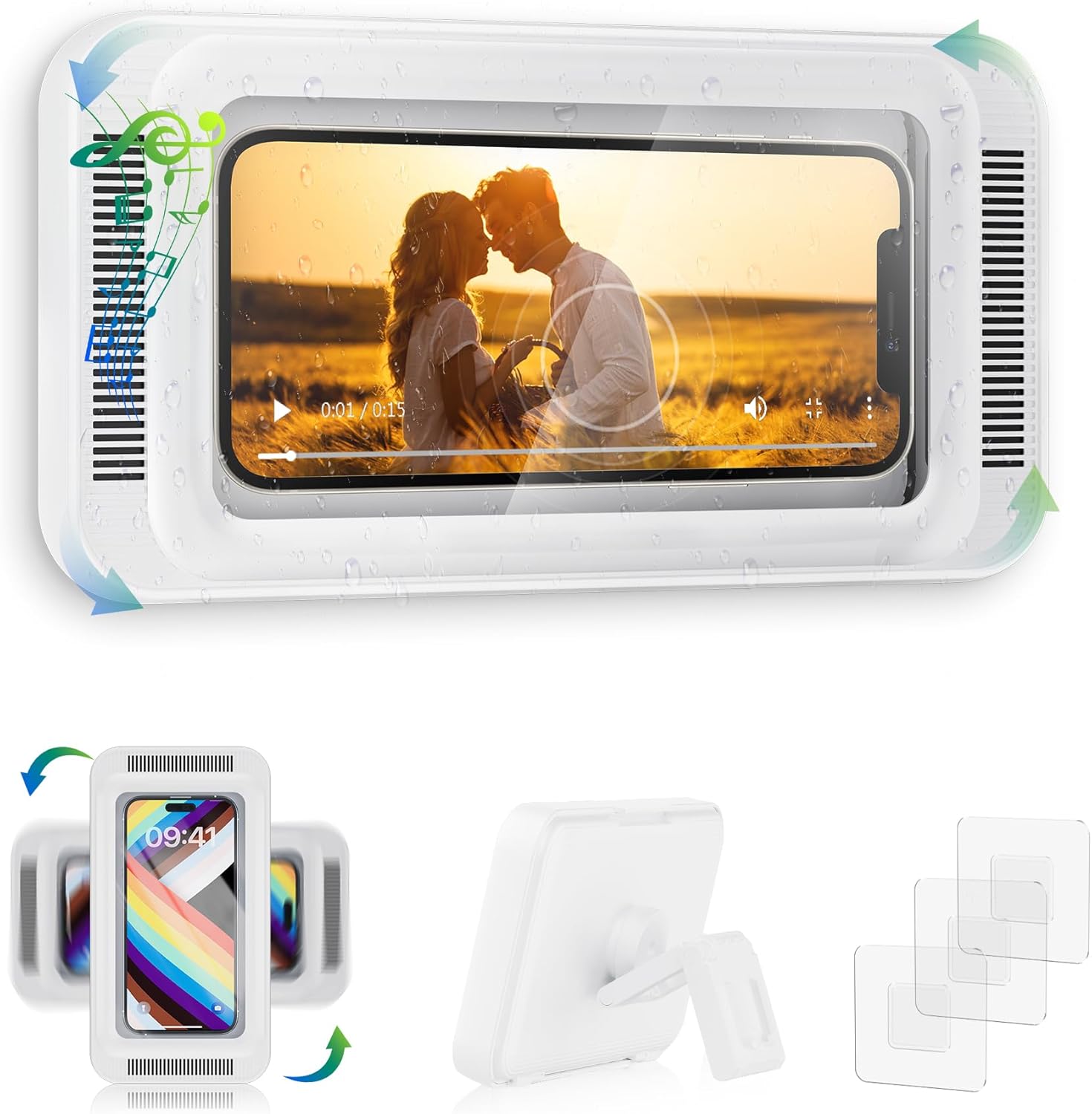 Upgraded Shower Phone Holder Waterproof with Speaker Hole Screentouch Shower Phone Stand Case Mount for Bathroom Bathtub Kitchen Wall Mirror for iPhone16 15 14 13 12 11 Pro XS XR Max (White)