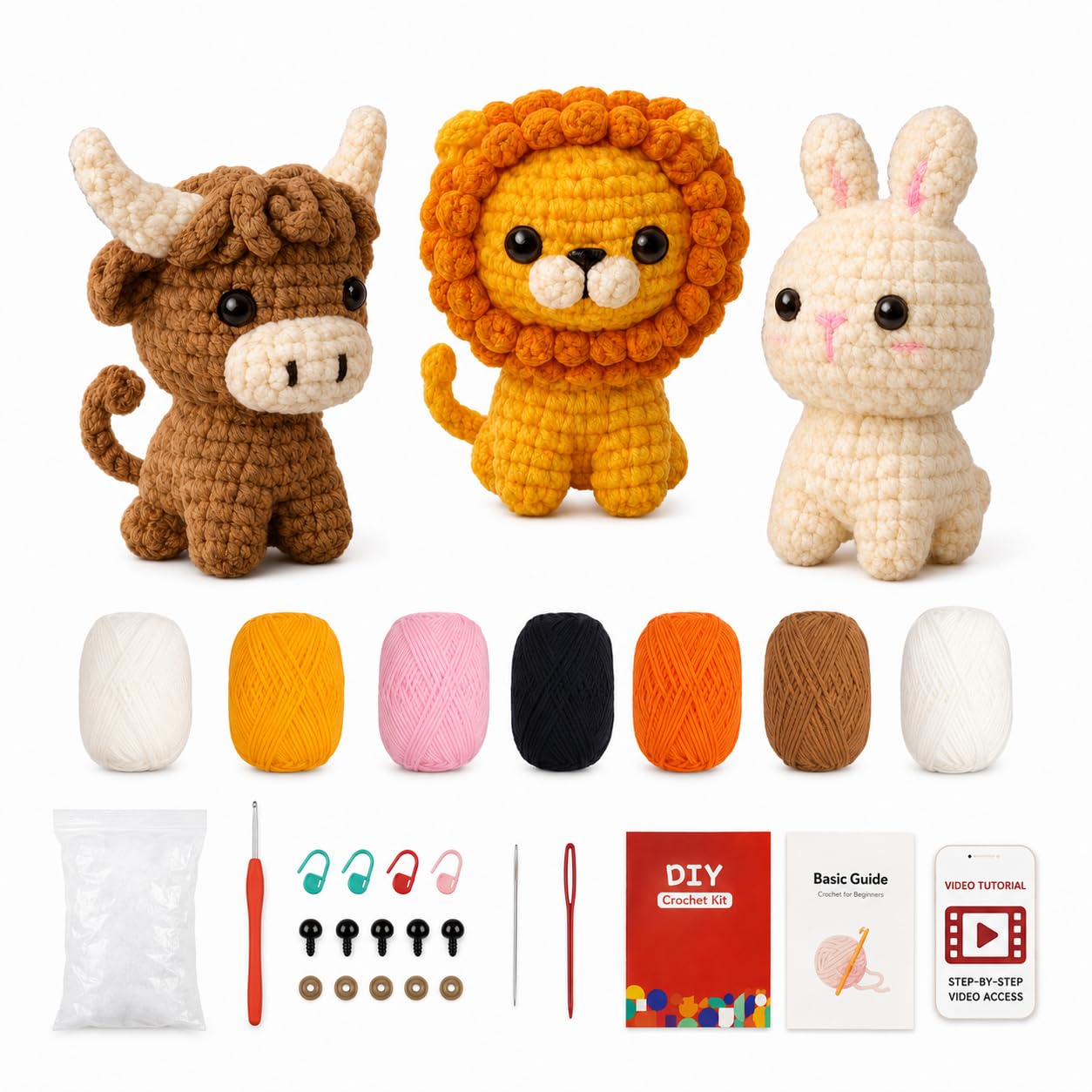 Tevora Brown Yellow White Crochet Kit For Beginners, 3 Animal Crochet Starter Kit With Cow, Lion And Bunny, Complete Amigurumi Crochet Set With Yarn, Hook, Stuffing, Instructions And Video Tutorial, Gift For Adults And Teens