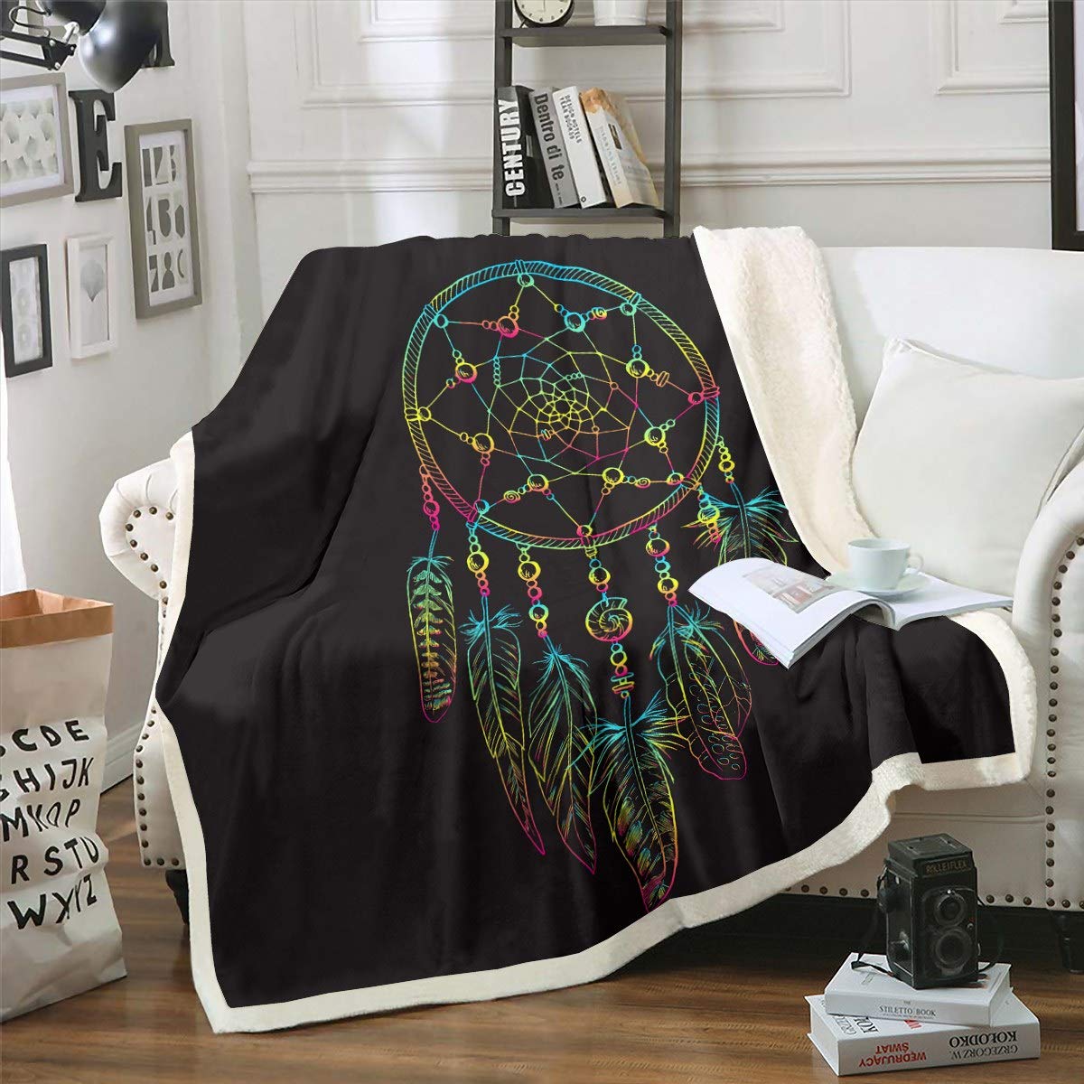 Dreamcatcher Sherpa Blankets Boho Dream Catcher Bohemian Style Fleece Blankets for Couch Sofa Room Decor Rainbow Indian Feather CCCCCs Colorful King 87"*94" — image 1