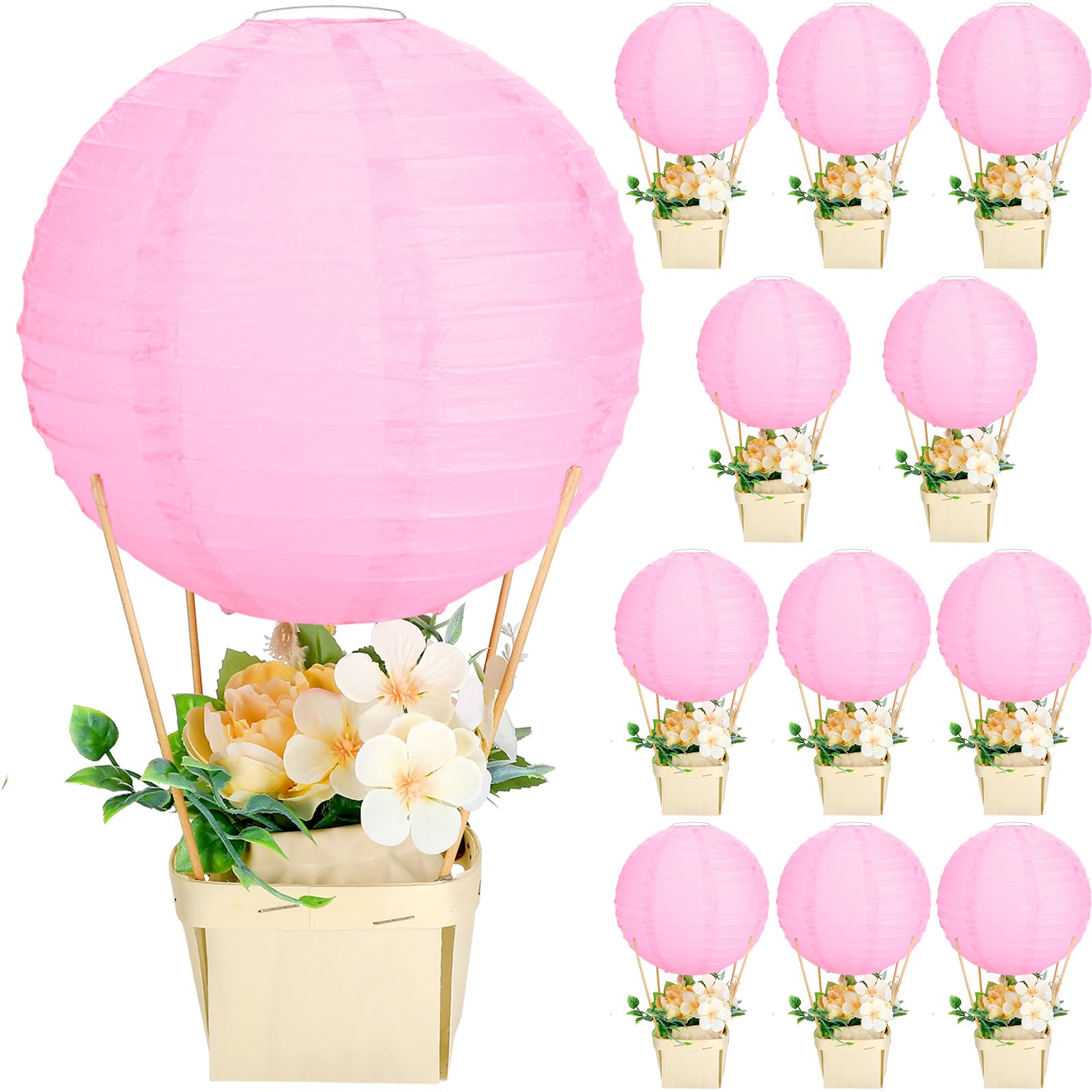 12 Sets Baby Shower Hot Air Balloon Table Centerpieces 10 Inch Large DIY Paper Lanterns Gender Reveal Decorations for Wedding Birthday Party Favors Decor with Wooden Baskets Sticks(Pink)