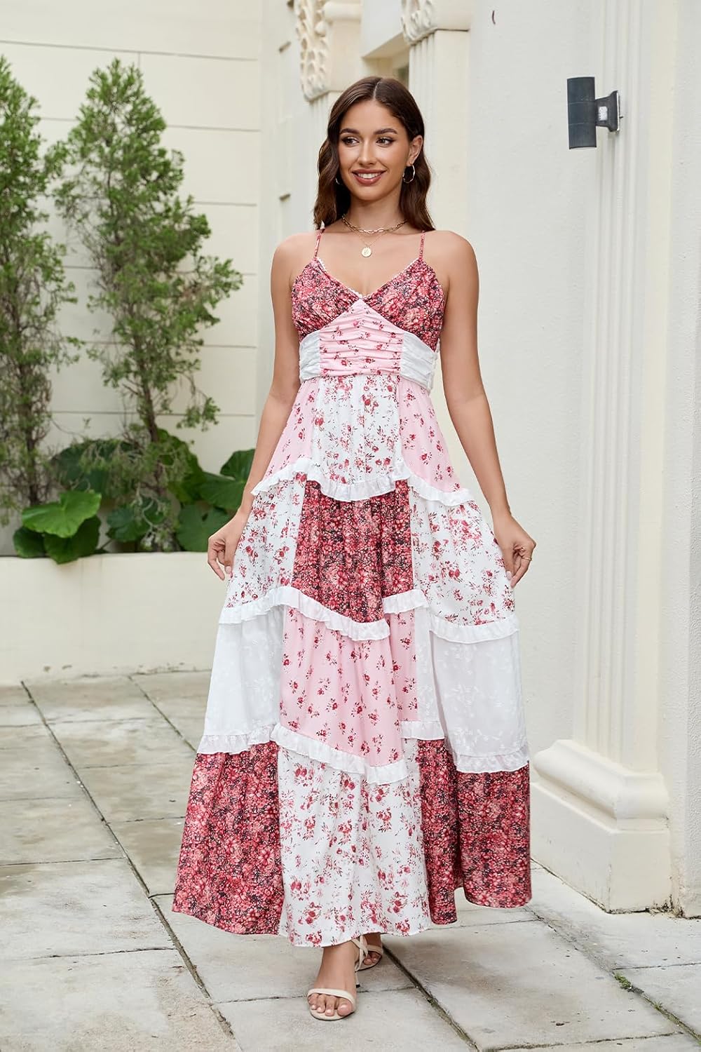 Women Floral Maxi Dress Spaghetti Strap V Neck Patchwork Bohemian Flowy Dresses Summer Fall - Image 6