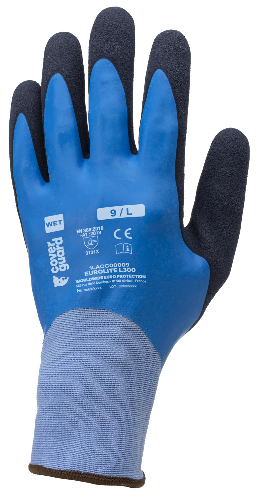 Coverguard Lot de 10 paires de gants Manutention EUROLITE L300-15G LATEX BLEU DOUBLE ENDUCTION - MAIN COMPLETE - PAUME SANDY Taille 9 - Gants de travail
