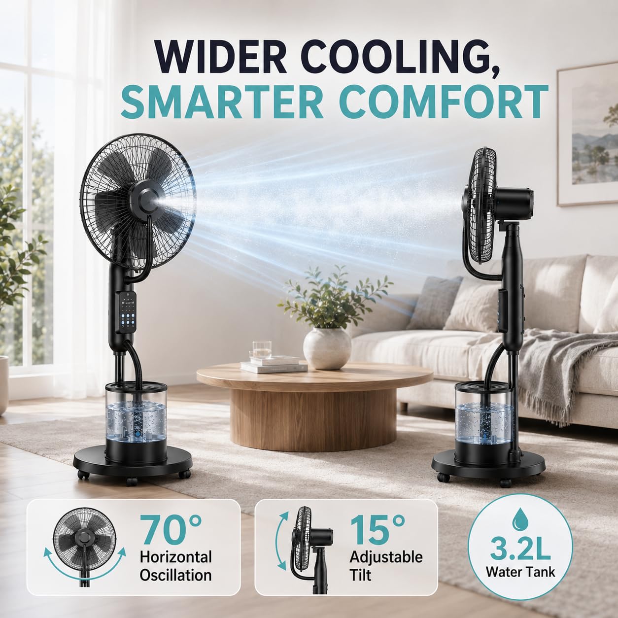 Ventilatore a Piantana Nebulizzatore 4L 2026 con Telecomando, 5 velocità | Ampio Serbatoio Acqua, 3 Modalità Raffreddamento per Casa, Camera, Ufficio, Soggiorno, Garage, Terrazza, Estate Esterni