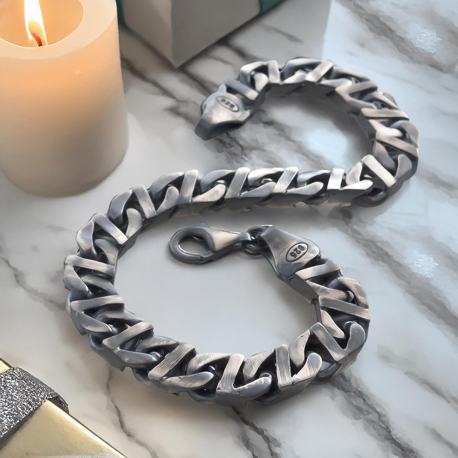 Trendy Cuban Link Bracelet for Men - Solid 925 Sterling Silver with Brushed Matte Finish - Chunky Heavy Bikers Vintage Black Curb Hand Chain Bracelets, Thick 8 mm - Mens Brutalist Jewelry - Handmade