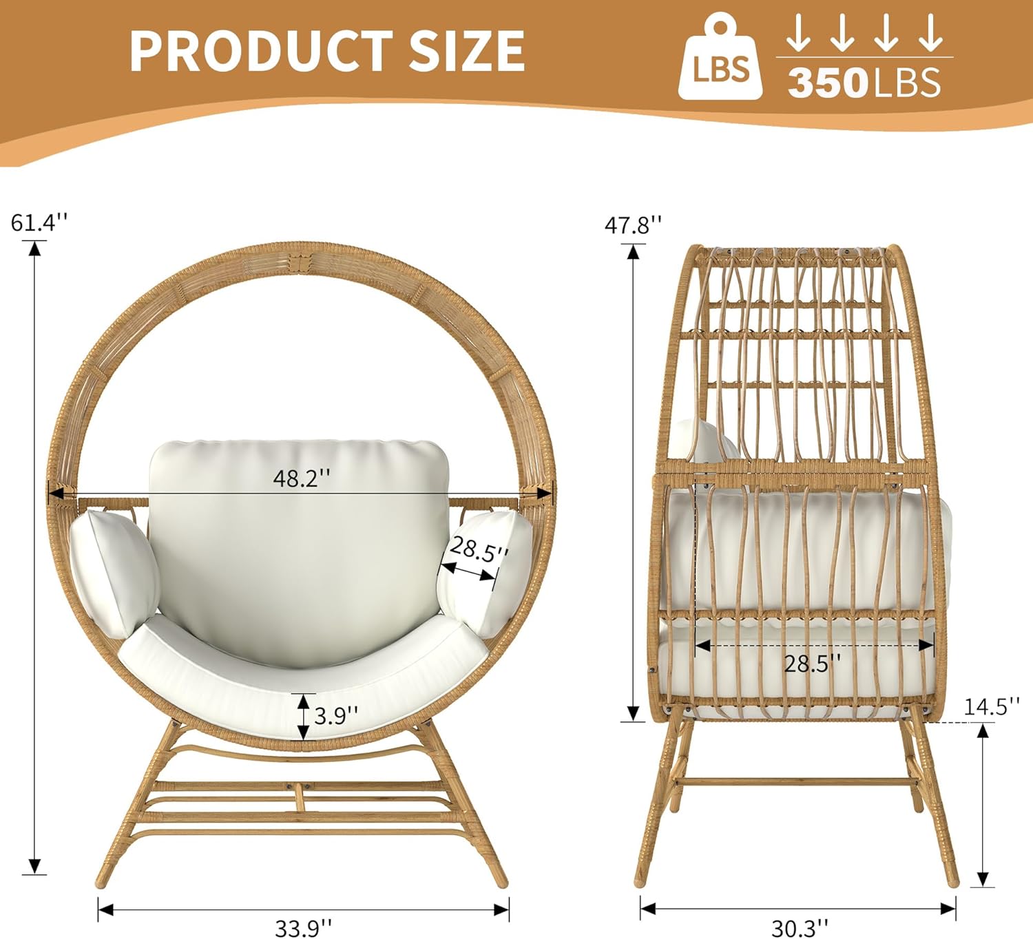 Fancyango Egg Chair Outdoor Indoor, Oversized Rattan Chair with Thicken Cushion, 350LBS Capacity Wicker Patio Lounge Chair, Basket Chair for Living Room Balcony Porch Backyard, Beige