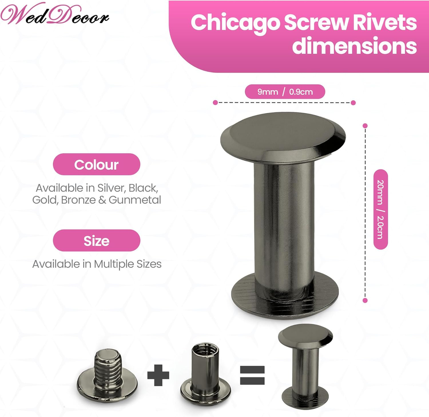WedDecor Gunmetal 9x20mm Chicago Screw, Double Cap Rivet with Flat Head, Anti Resistant, Durable Brass for Arts Crafts, Leathercrafts, DIY Decoration, Handicrafts, 50pieces