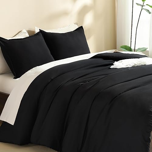 Miniatura 5 de Litanika - Juego de edredón de tamaño California king, 3 piezas, color negro, ligero, de verano, suave, unicolor, extragrande, esponjoso, acolchado