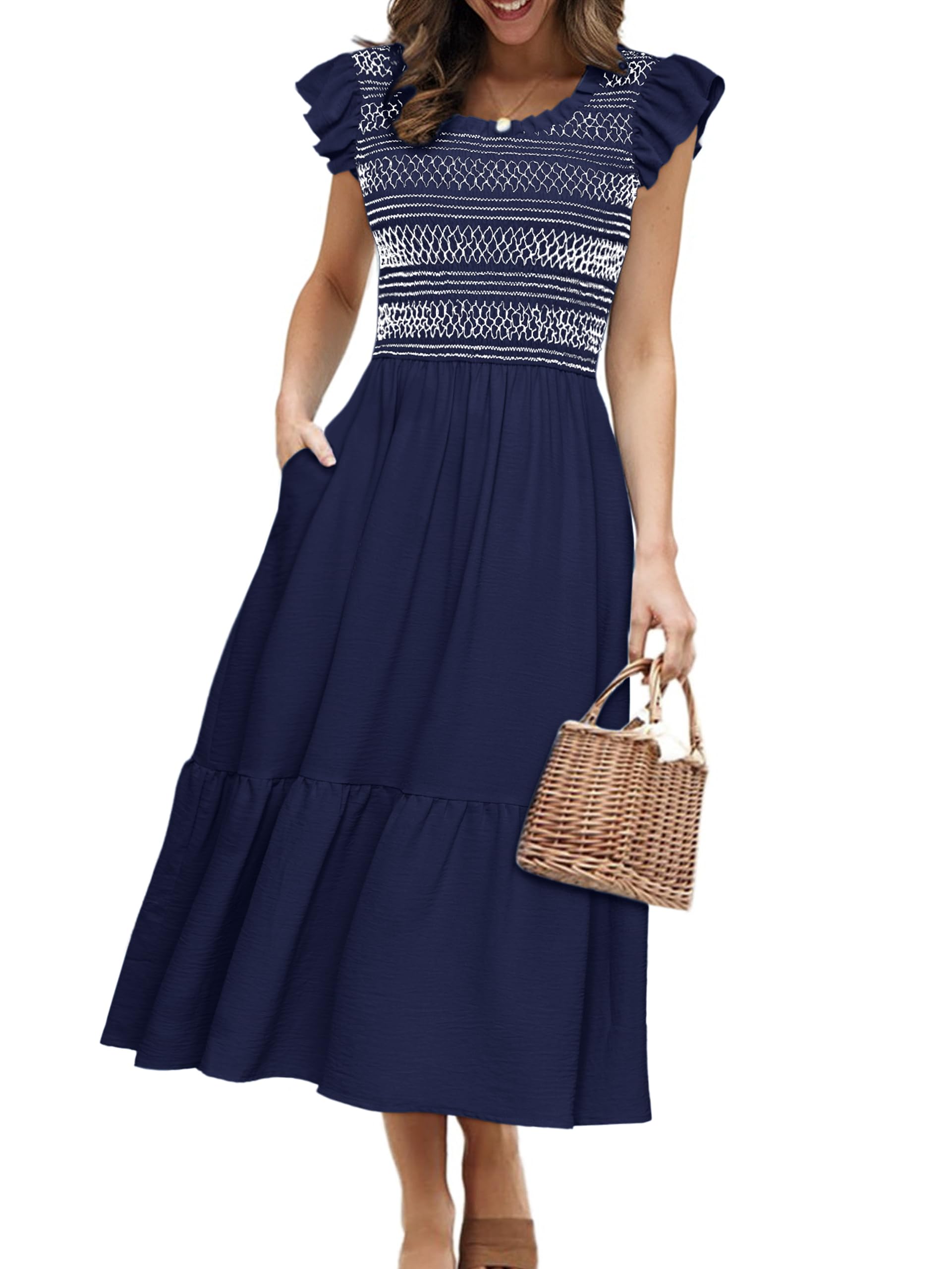 Simplee Womens Summer Midi Dress Casual Boho Smocked Waist Flutter Sleeve A Line Flowy Tiered Dress with Pockets